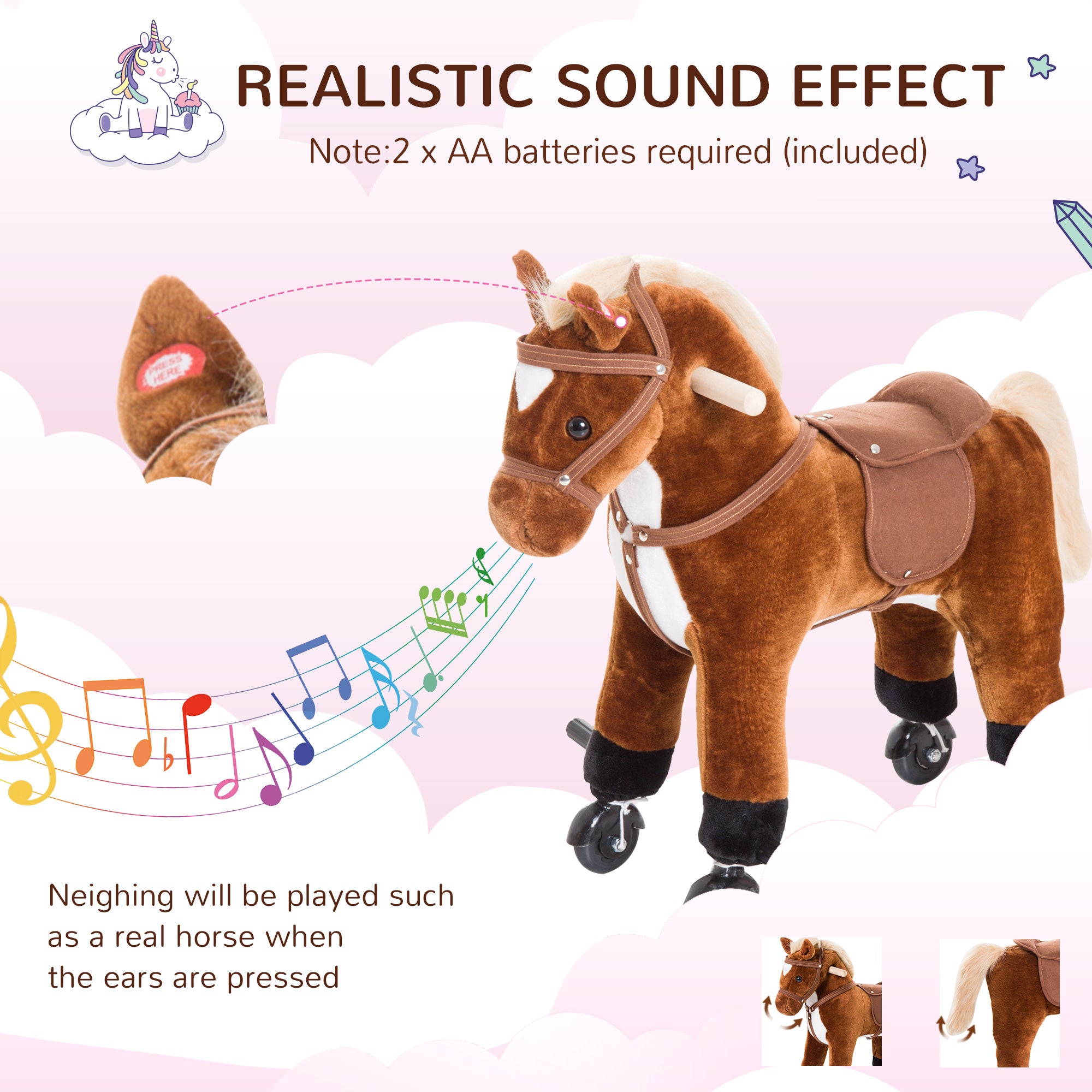 HOMCOM Rocking Horse Kids Ride on Walking Horse Animal Pony Wheeled Riding Plush Toy w/Sound for 3 Years and Up (Brown) - North Peak Garden Furniture
