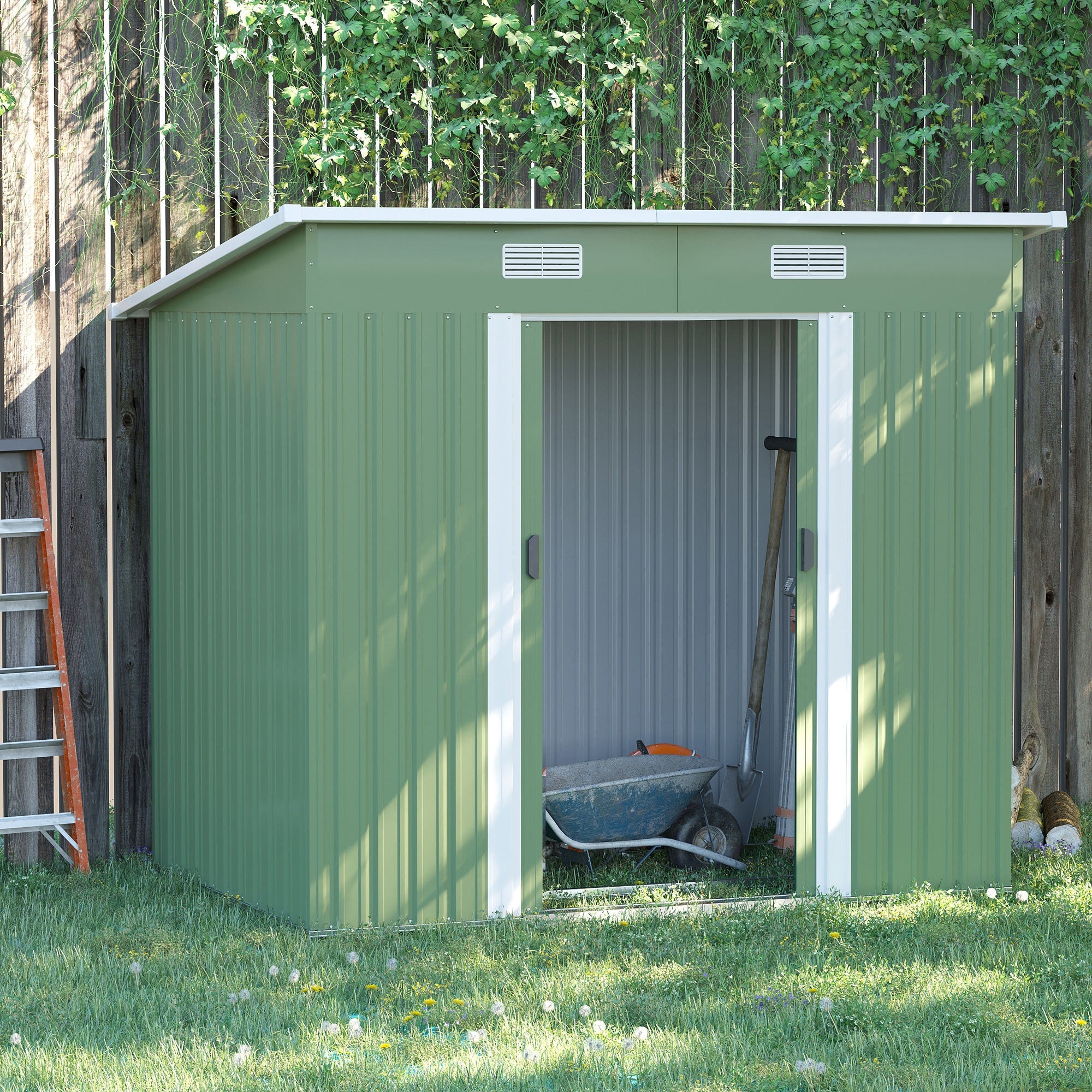 Outsunny 7 x 4ft Outdoor Garden Metal Storage Shed, Tool Storage Box for Backyard, Patio and Lawn, Light Green - North Peak Garden Furniture