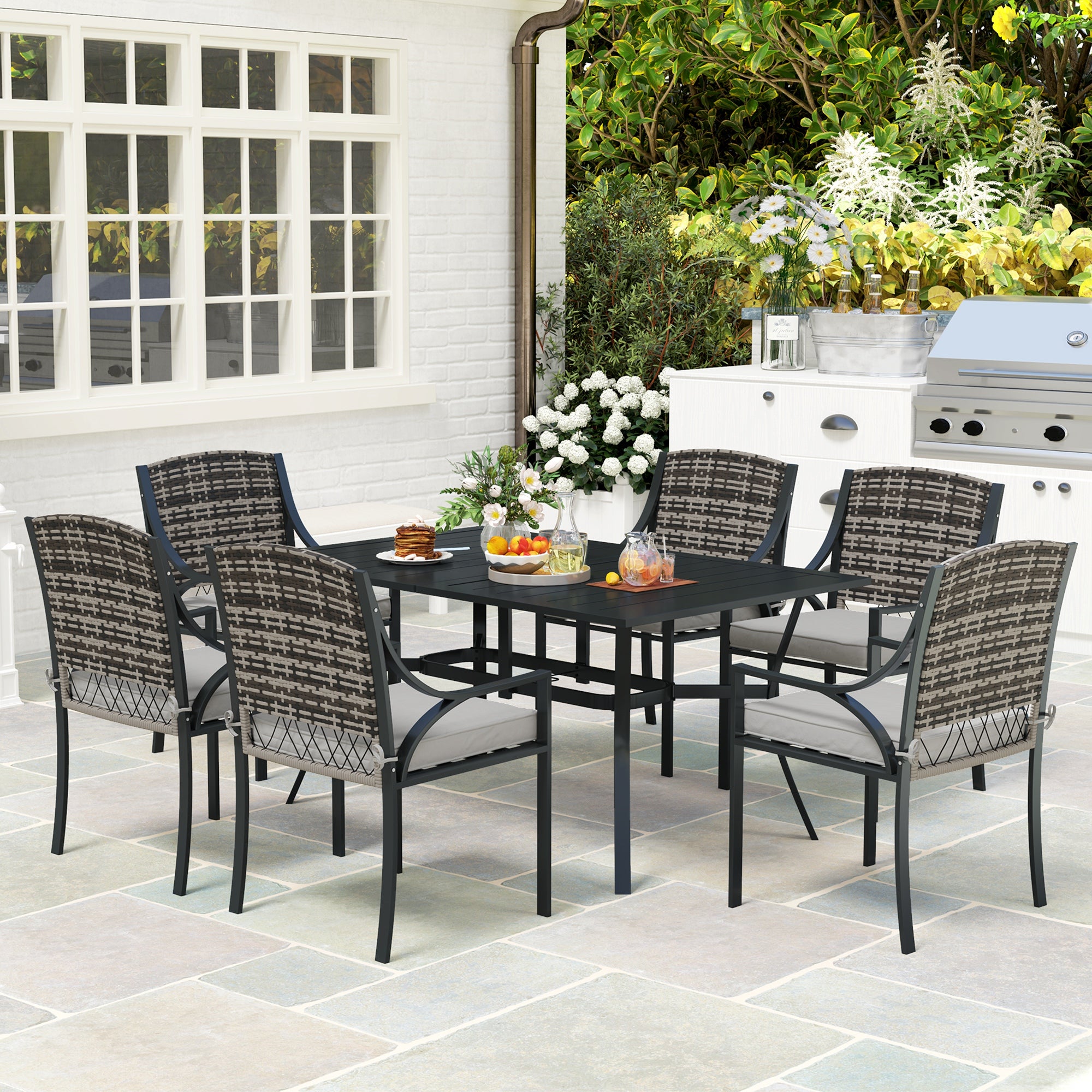 Outsunny Rattan Garden Furniture Set with Cushions, 6 Seater Rattan Dining Set with 6 Armchairs, 150 x 96cm Rectangular Table, Umbrella Hole, for Outdoor, Patio, Balcony, Terrace, Conservatory - North Peak Garden Furniture