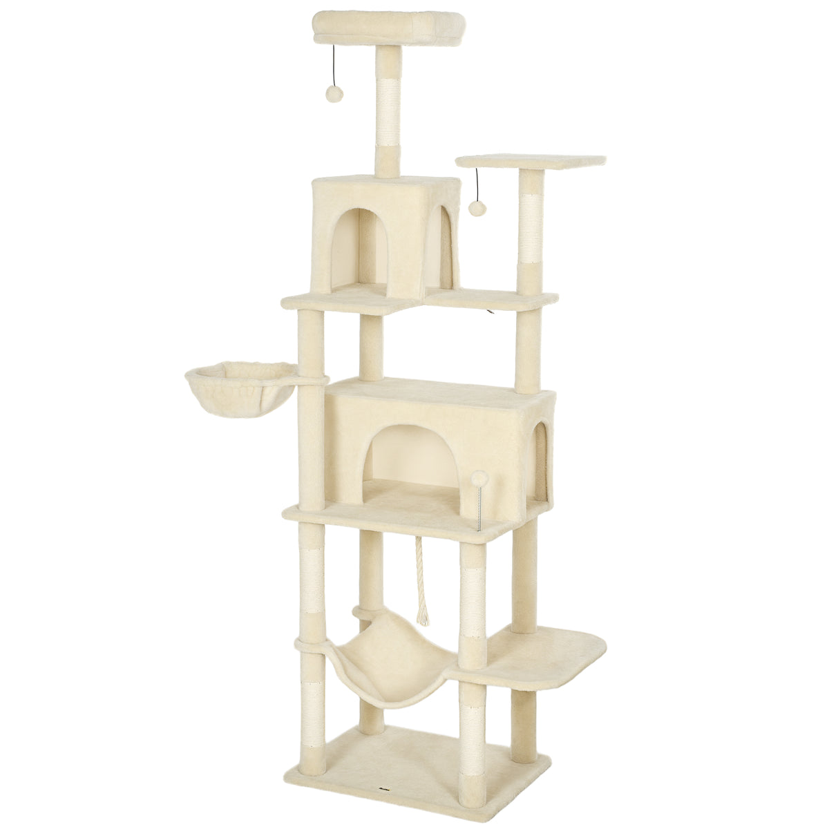 PawHut 202cm Cat Tree with 6 Scratching Posts, 2 Hammocks, 2 Condos, 2 Perches, Pompoms, for Cats to Rest and Play, Beige