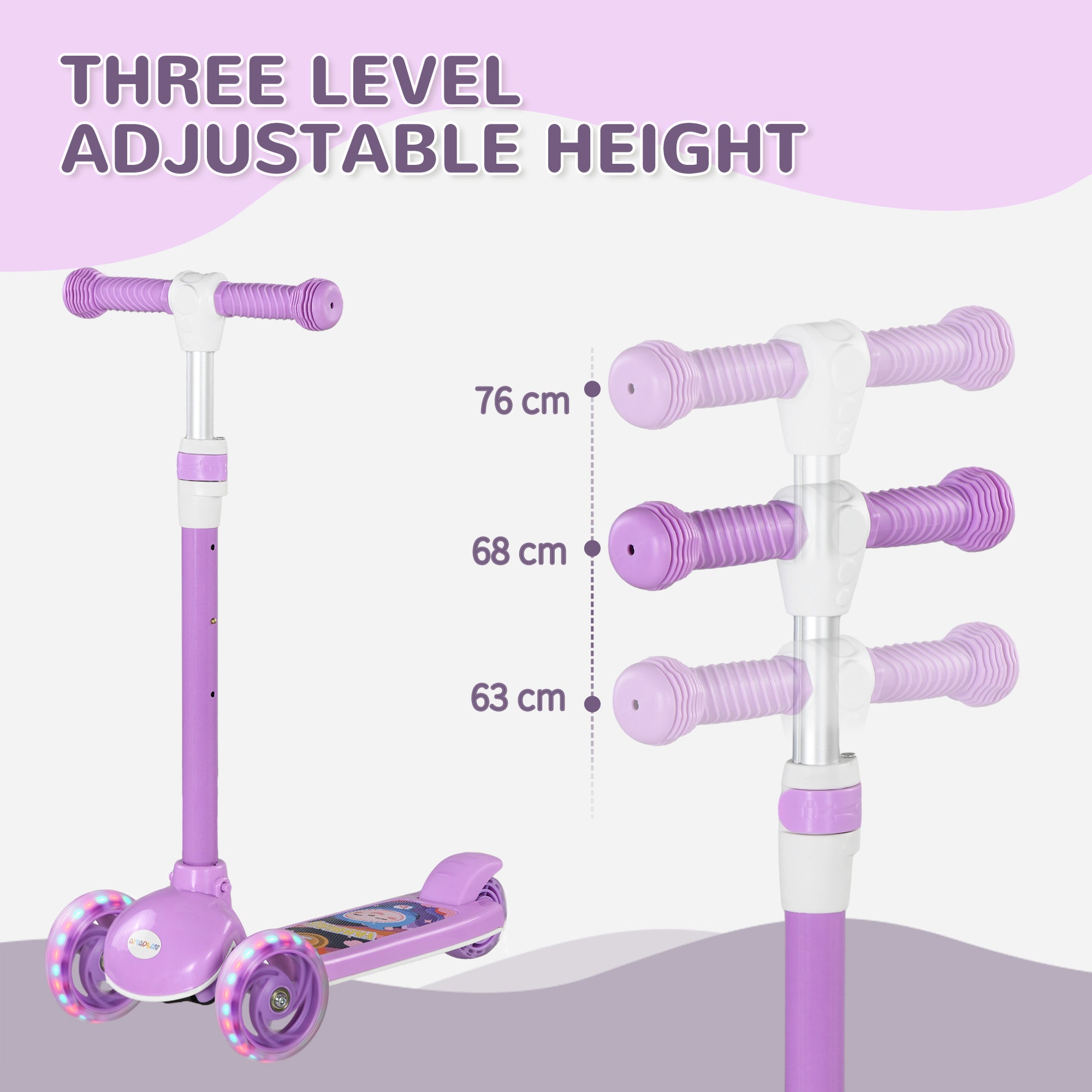 AIYAPLAY Kids 3 Wheel Scooter for 2-6 Years Old w/ Adjustable Height, LED Light, TPE Handlebar, Purple - North Peak Garden Furniture