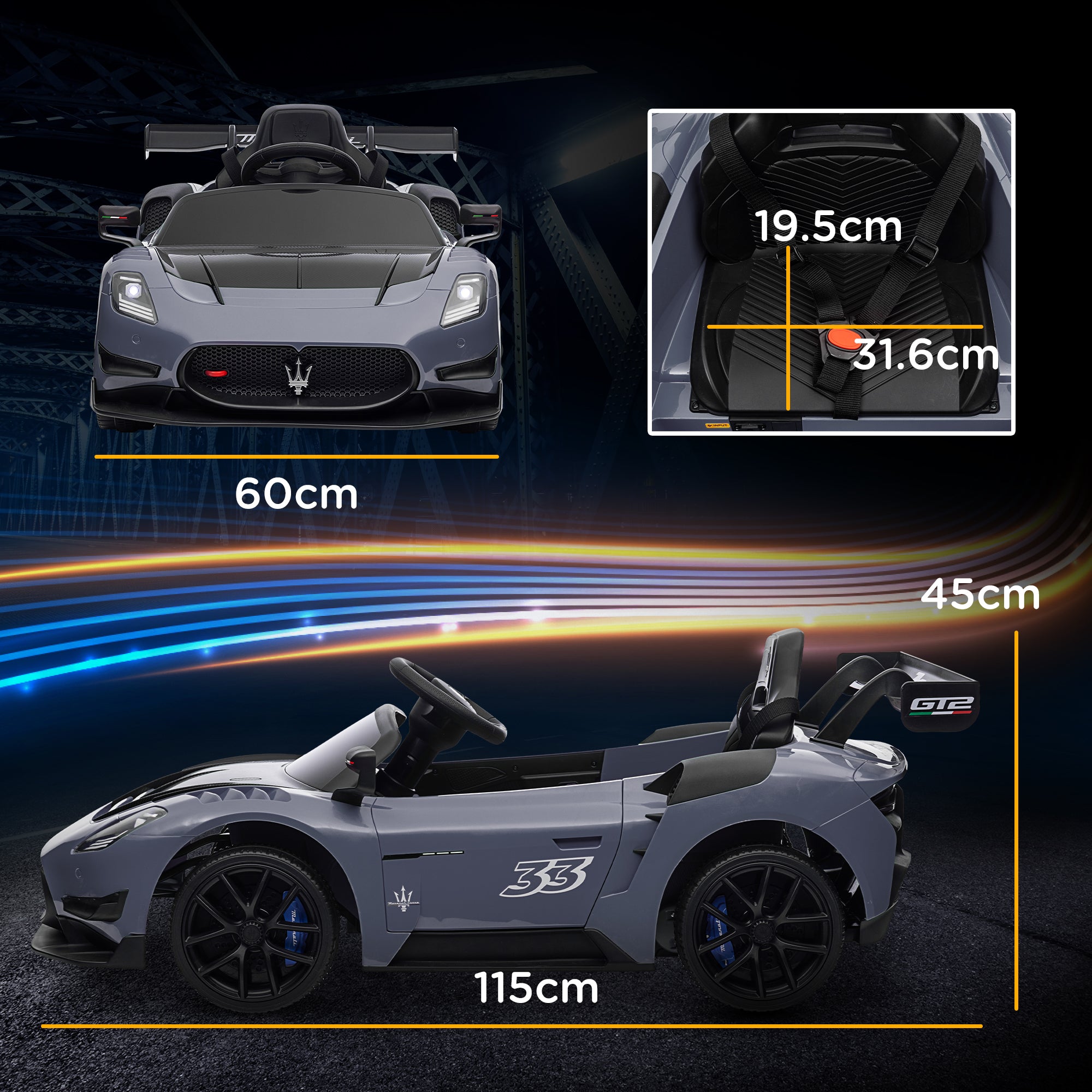 AIYAPLAY Maserati GT2 Licensed 12V Kids Electric Ride on Car with 4 Suspension, Remote Control Music Horn Lights - Grey - North Peak Garden Furniture