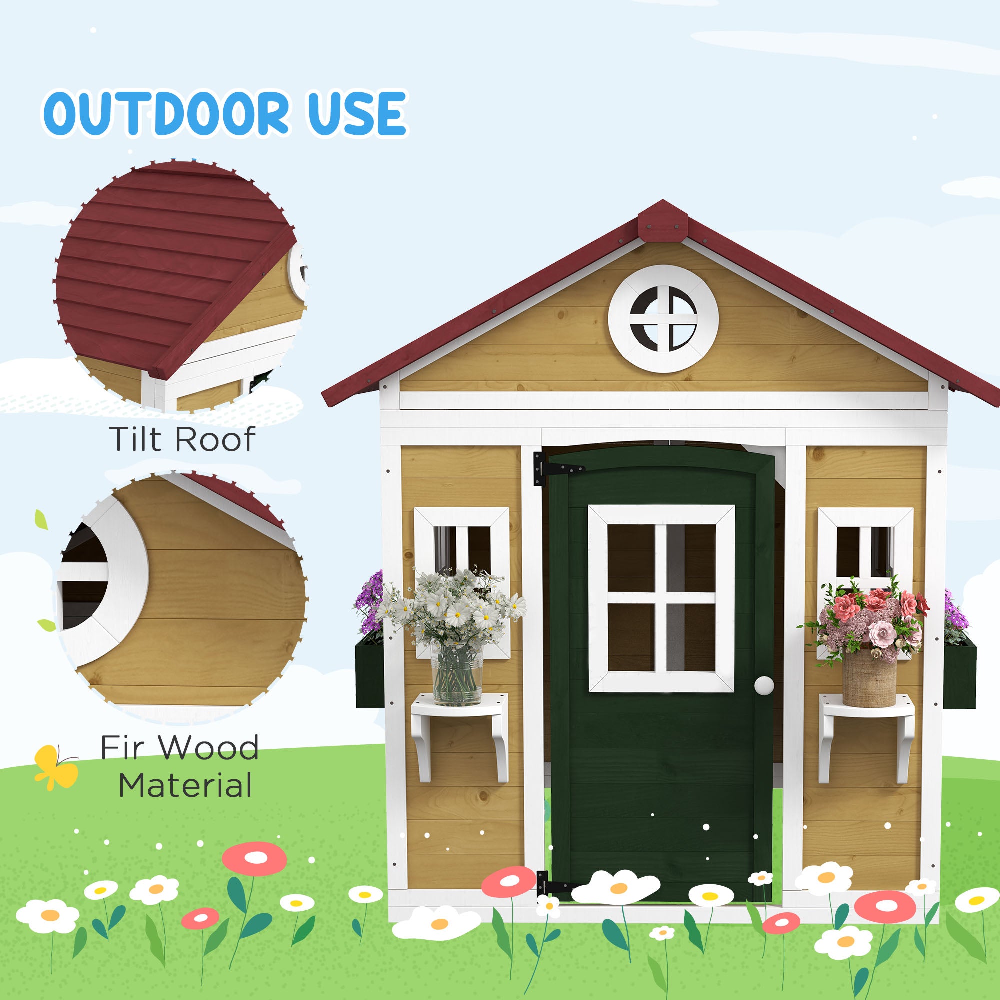 Outsunny Wooden Playhouse with Doors, Windows, Plant Pots, Boxes, for 3-8 Years - Beige - North Peak Garden Furniture