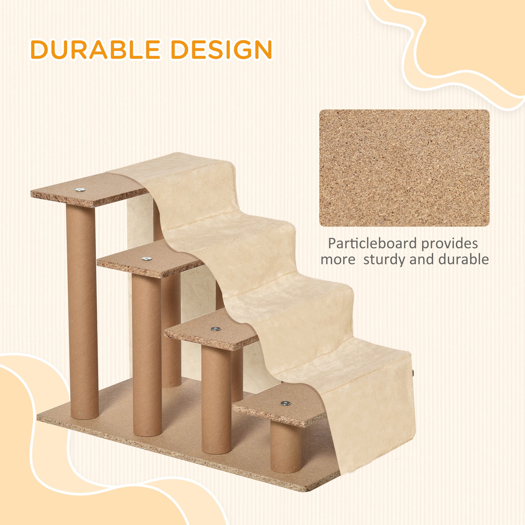 PawHut Four-Step Dog Stairs, with Washable Plush Cover, for High Bed Sofa, Dog Stairs for Small Dog and Cat - Beige - North Peak Garden Furniture