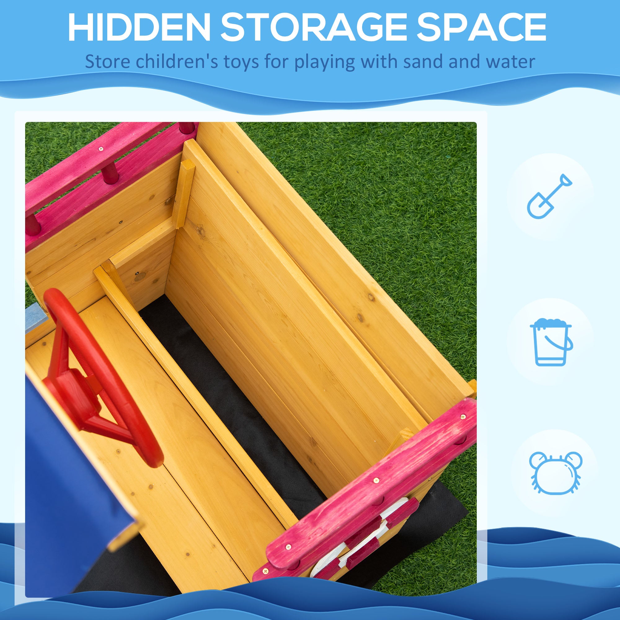 Outsunny Kids Wooden Sand Pit Children Sandbox Pirate Ship Sandboat Play Station for Outdoor w/ Canopy Shade Storage Bench Bottom Liner - North Peak Garden Furniture