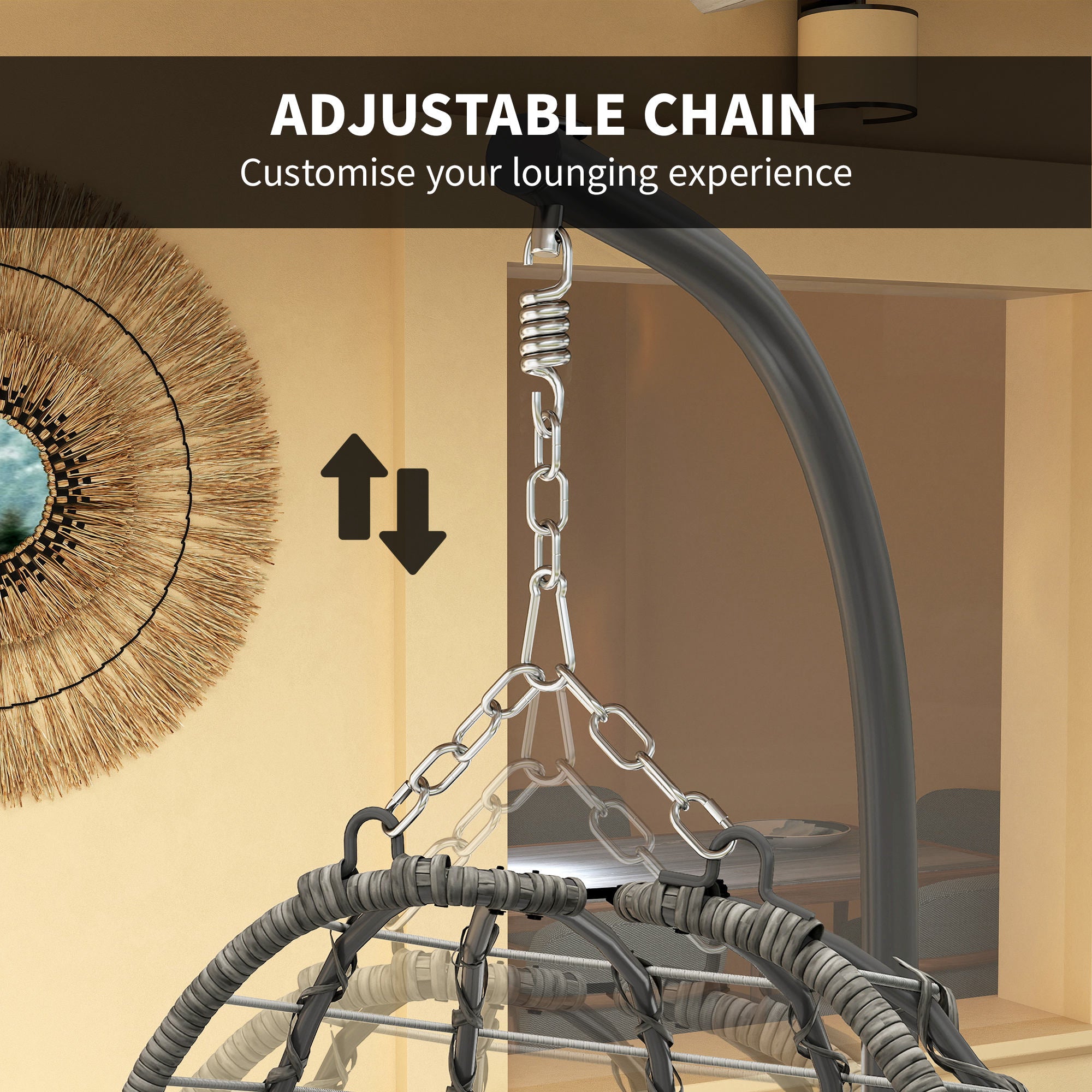 Outsunny Rattan Hanging Egg Chair, Foldable Wicker Hammock Swing Chair with Cushion, Stand, Adjustable Height, Head Pillow, Steel Frame for Garden Patio Indoor Outdoor, Light Grey - North Peak Garden Furniture