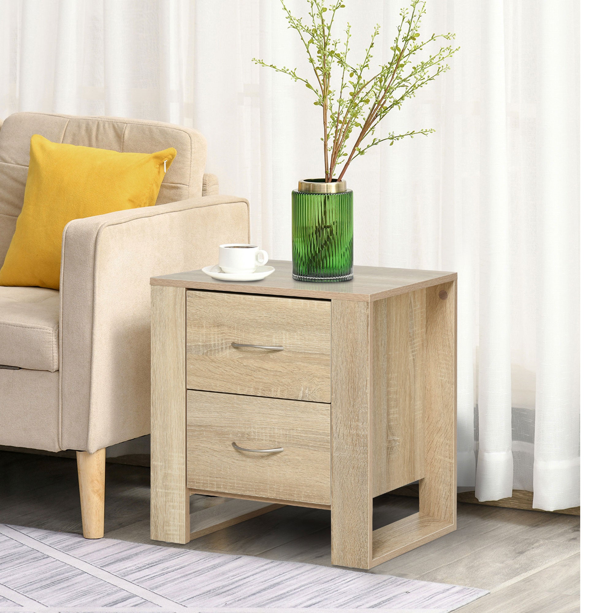 HOMCOM Bedside Cabinet with 2 Drawers: Modern Boxy Design, Elevated Base, Melamine Finish, Bedroom Storage, Oak Brown.