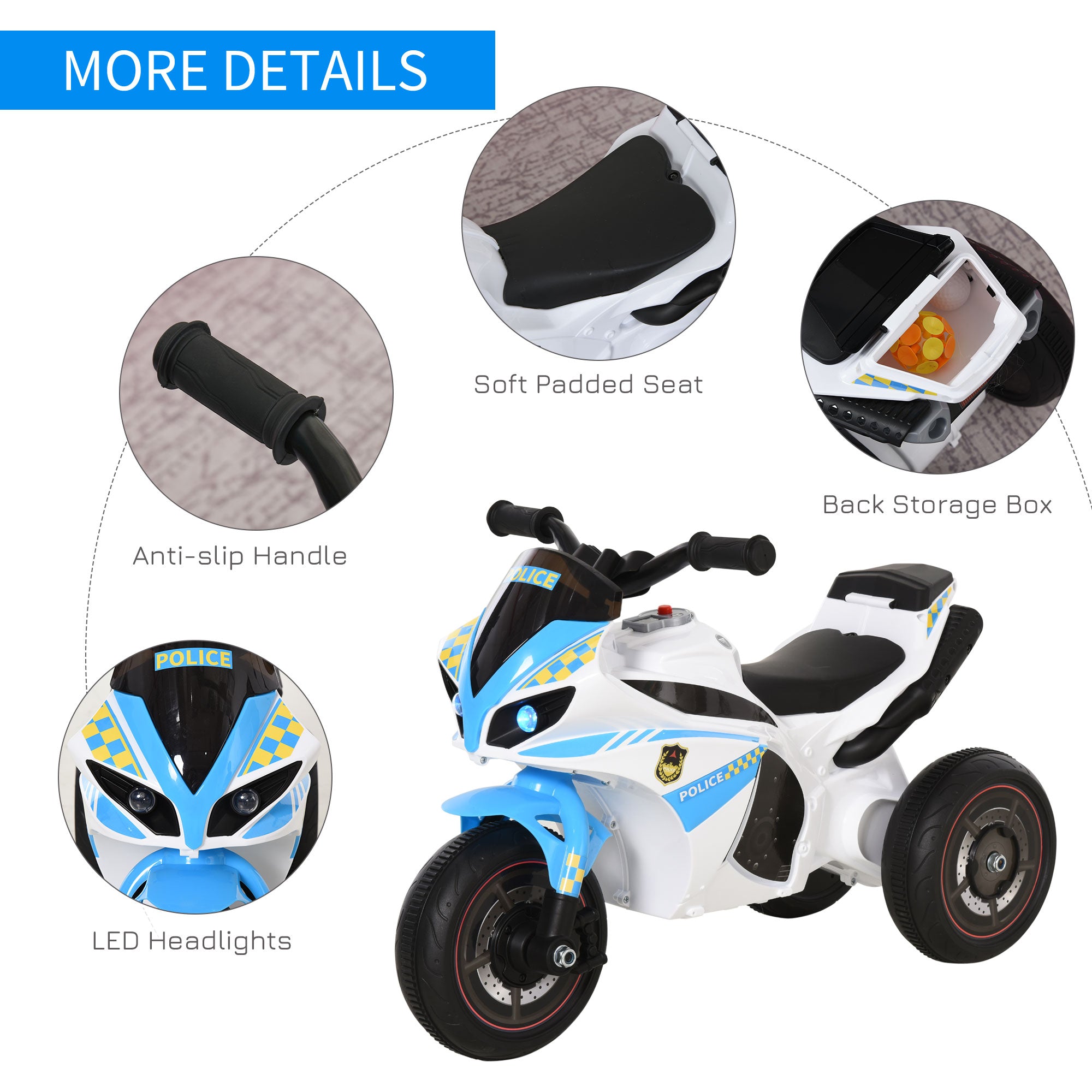 HOMCOM Kids Ride-On Police Bike 3-Wheel Vehicle w/ Music Lights Safe Seat Handlebars Toddler NO POWER Child Learning Fun Development 18-36 Months Blue - North Peak Garden Furniture