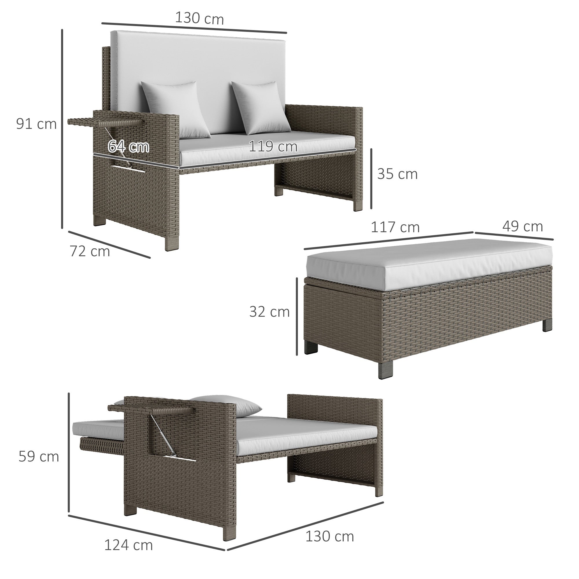 Outsunny Rattan Day Bed, with Footstool - Light Grey - North Peak Garden Furniture