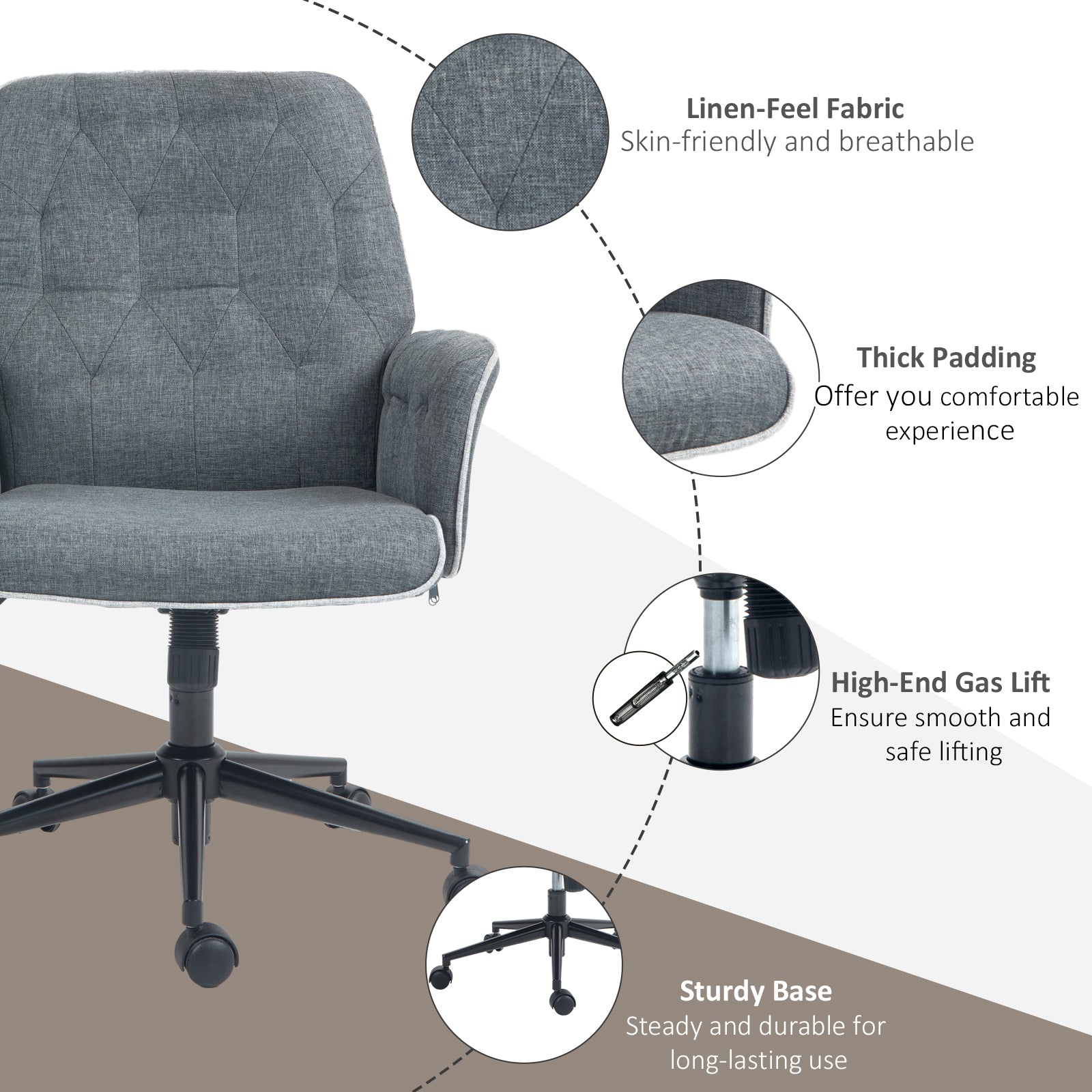 HOMCOM Linen Computer Chair with Armrest, Modern Swivel Chair with Adjustable Height, Dark Grey