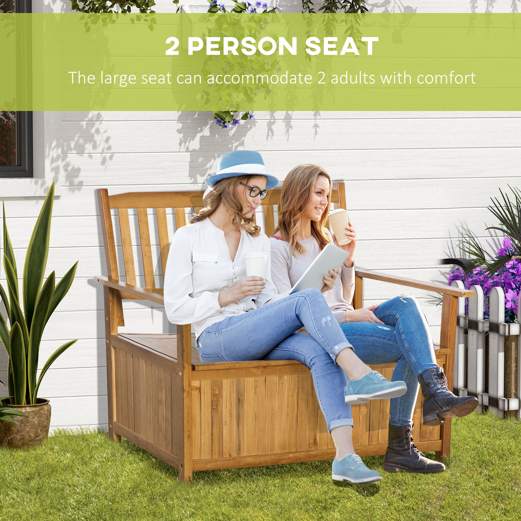Outsunny Two-Seater Wooden Storage Bench - Natural Finish - North Peak Garden Furniture