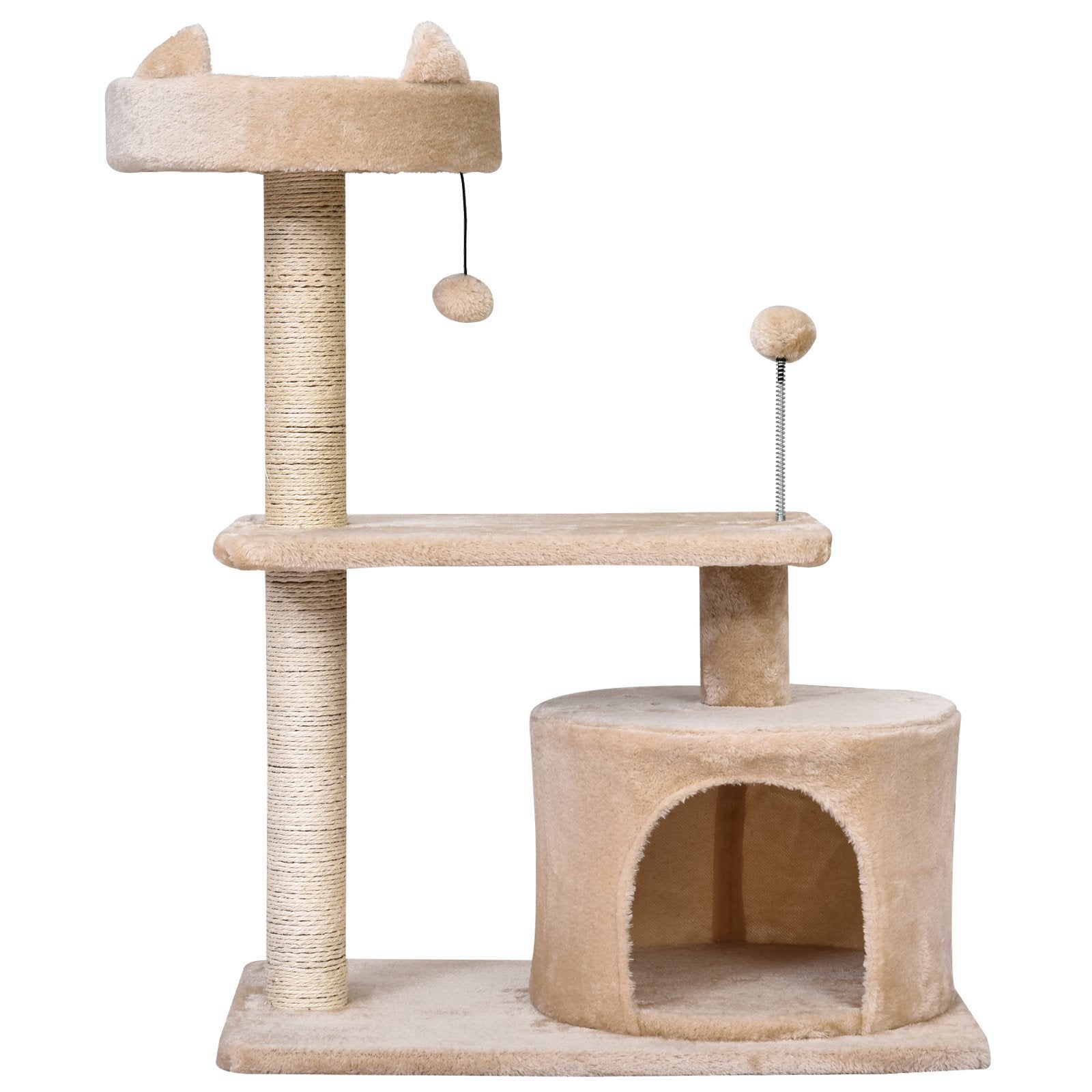 PawHut Cat Scratching Post, 3-Tier Sisal Rope with Playful Toys, Sturdy and Entertaining, Beige