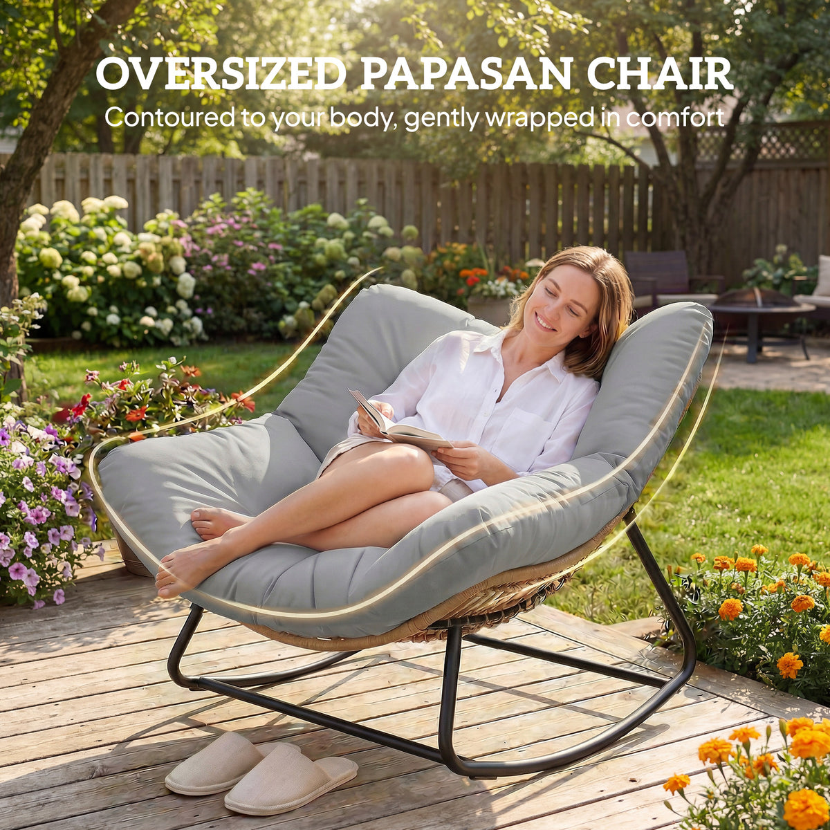 Outsunny Indoor Outdoor Rocking Chair, Oversized Rocking Egg Chair with Cushion for Living Room, Garden, Patio, Light Grey