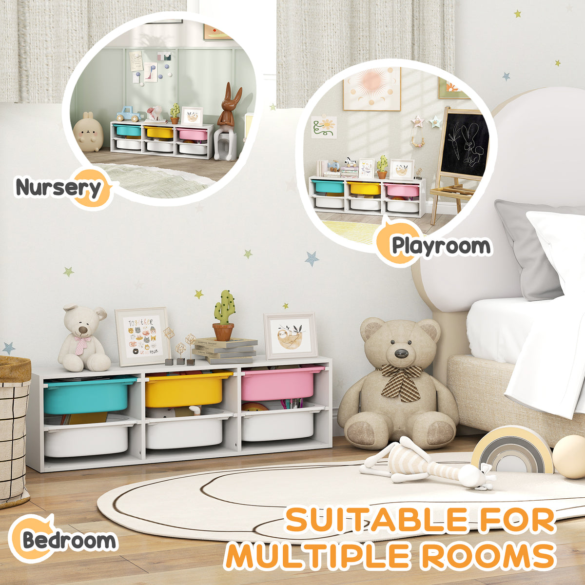 AIYAPLAY Low Height 2 Tiers Storage Organiser, Kids Toy Storage Unit with 6 Removable Bins for Bedroom, Nursery, Playroom