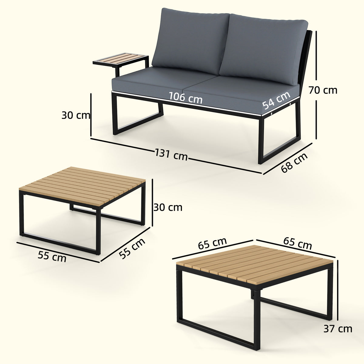 Outsunny 4 Seater Metal Garden Furniture Set, Corner Garden Sofa Set with 2 Loveseats, 2 Nesting Tables, Arm Side Trays, Teak