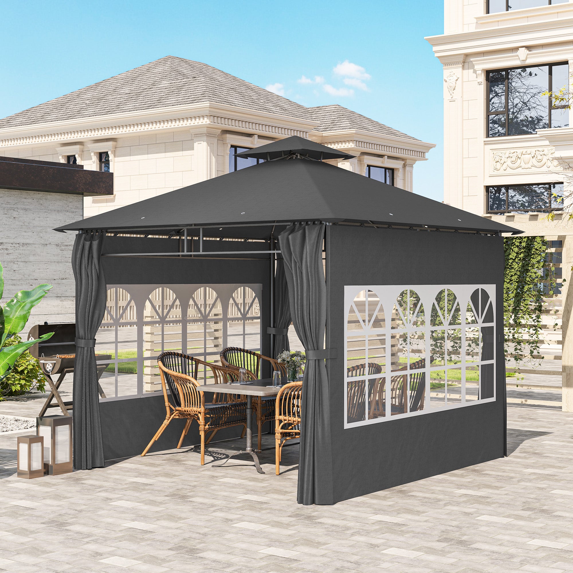 Outsunny 3 x 3 m Garden Gazebo, Double Roof Metal Gazebo with Removable Sidewalls and Church Windows, Outdoor Canopy Shelter, Dark Grey - North Peak Garden Furniture