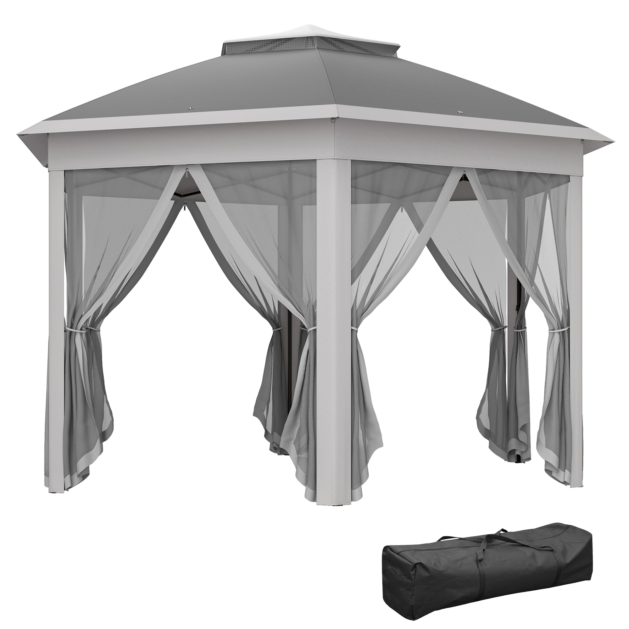 Outsunny 3 x 4m Garden Gazebo Hexagon Pop Up Party Tent Canopy Double Roof Instant Shelter with Netting and Carry Bag for Outdoor Patio, Dark Grey - North Peak Garden Furniture