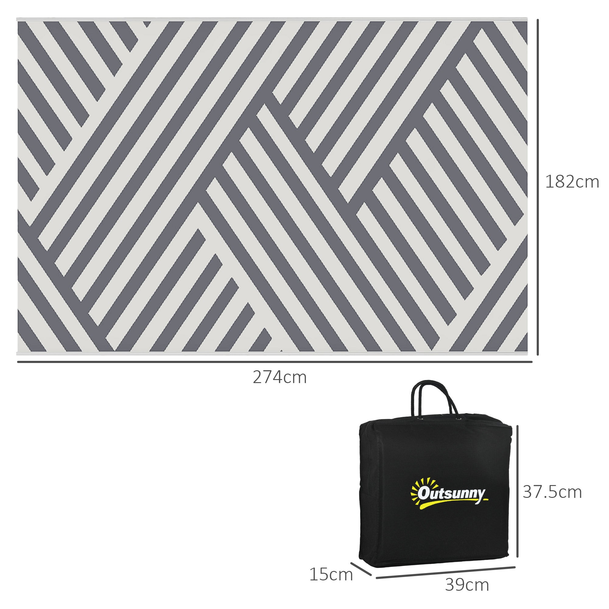 Outsunny Plastic Straw Reversible RV Outdoor Rug with Carry Bag, 182 x 274cm, Grey and Cream - North Peak Garden Furniture