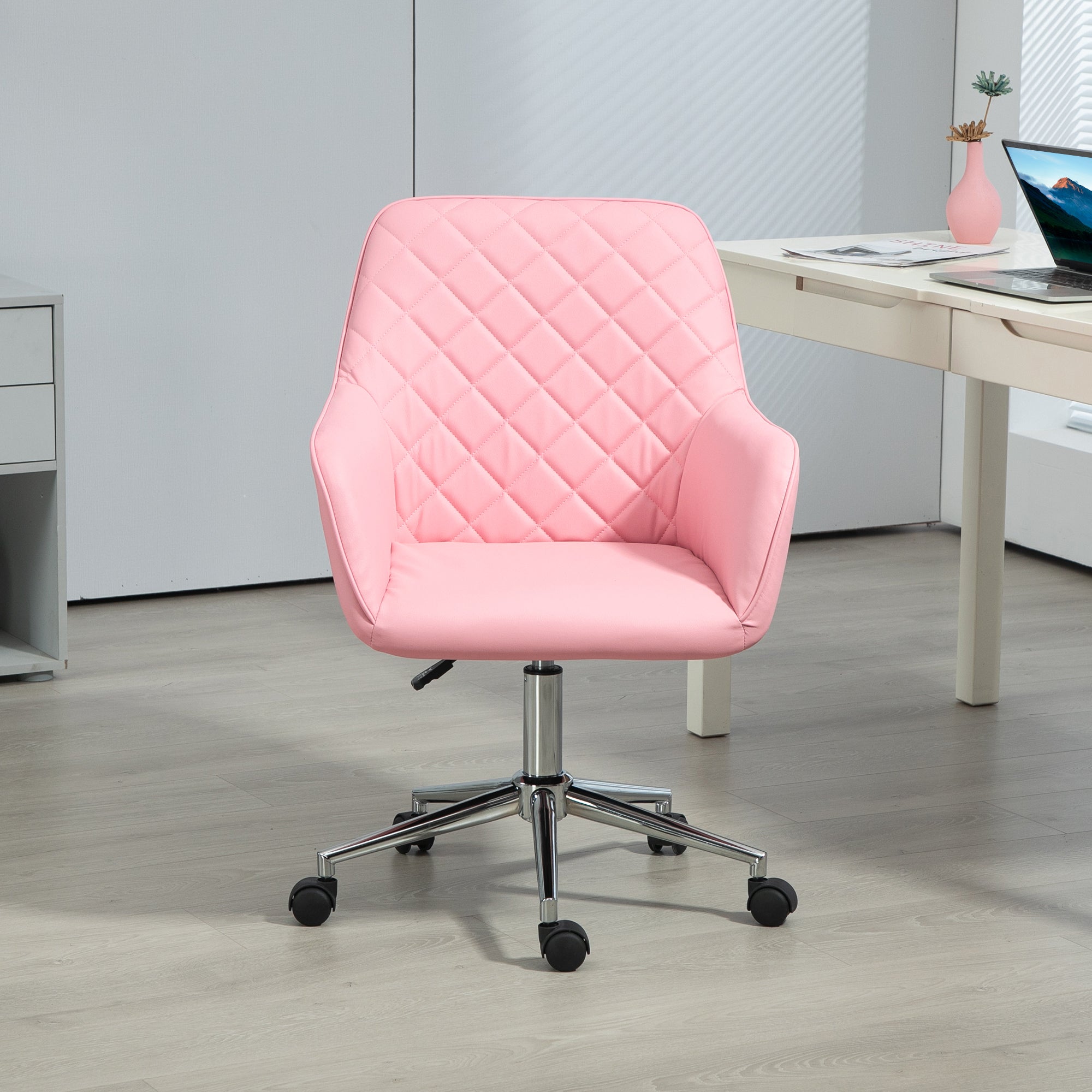 Vinsetto Office Desk Chair, Leather-Feel Fabric Computer Swivel Chair with Rolling Wheels and Adjustable Height for Home, Pink - North Peak Garden Furniture