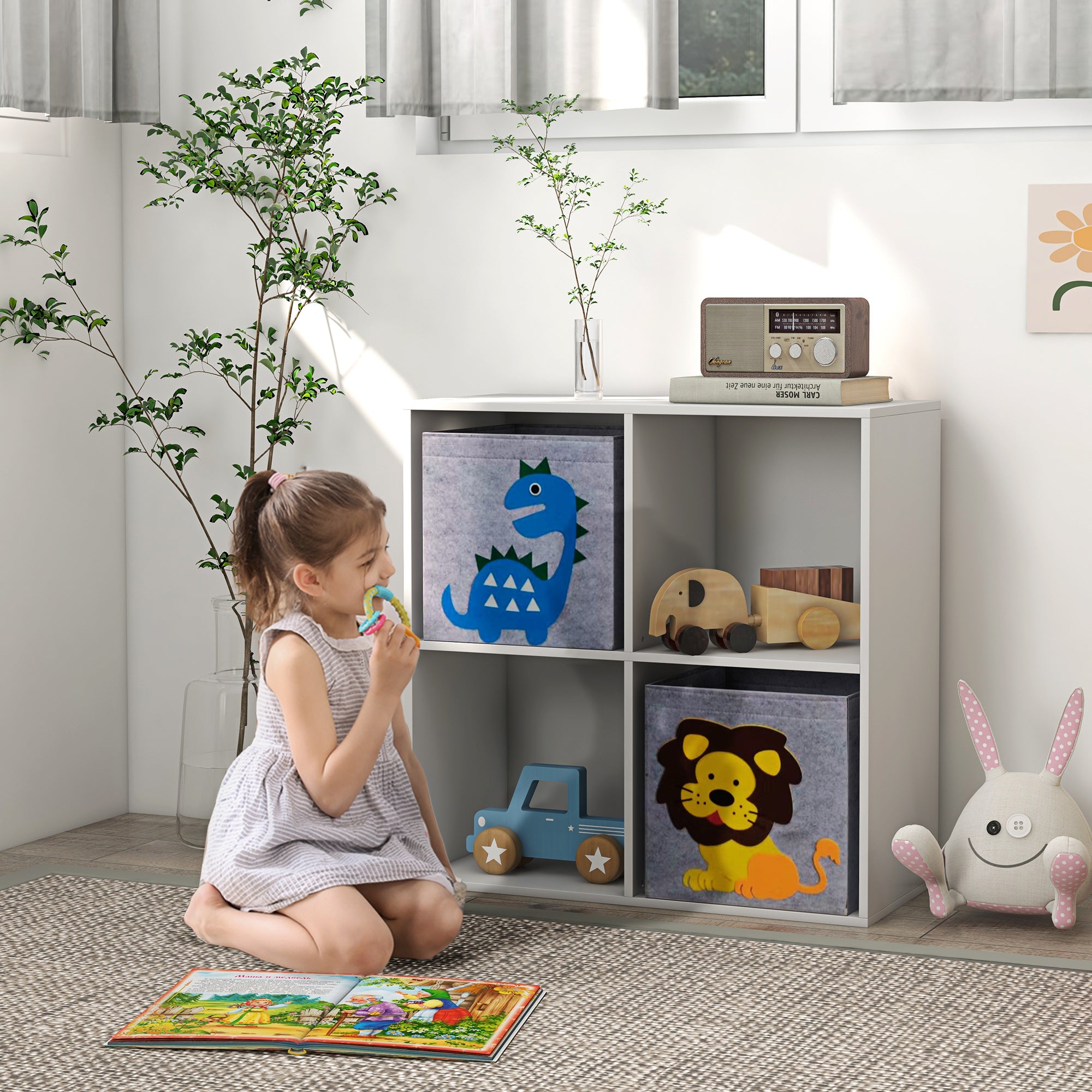 ZONEKIZ Kids Toy Box with Two Non-Woven Fabric Drawers, 61.8 x 29.9 x 61.8cm - White - North Peak Garden Furniture
