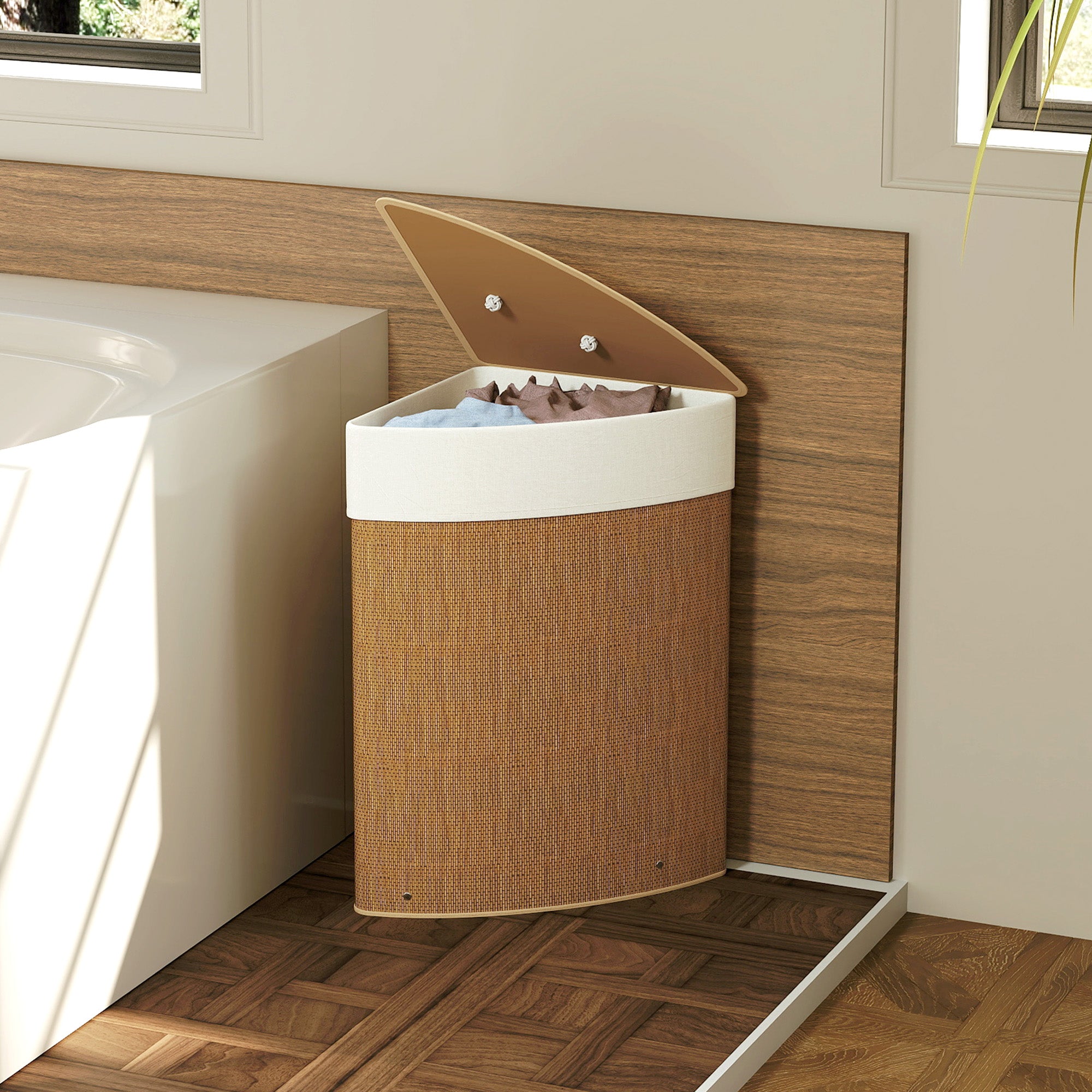 HOMCOM Bamboo Laundry Basket with Lid, 55L Corner Laundry Hamper with Removable Washable Liner Bag, Bathroom Triangle Washing Basket, 35 x 35 x 60 cm, Brown - North Peak Garden Furniture