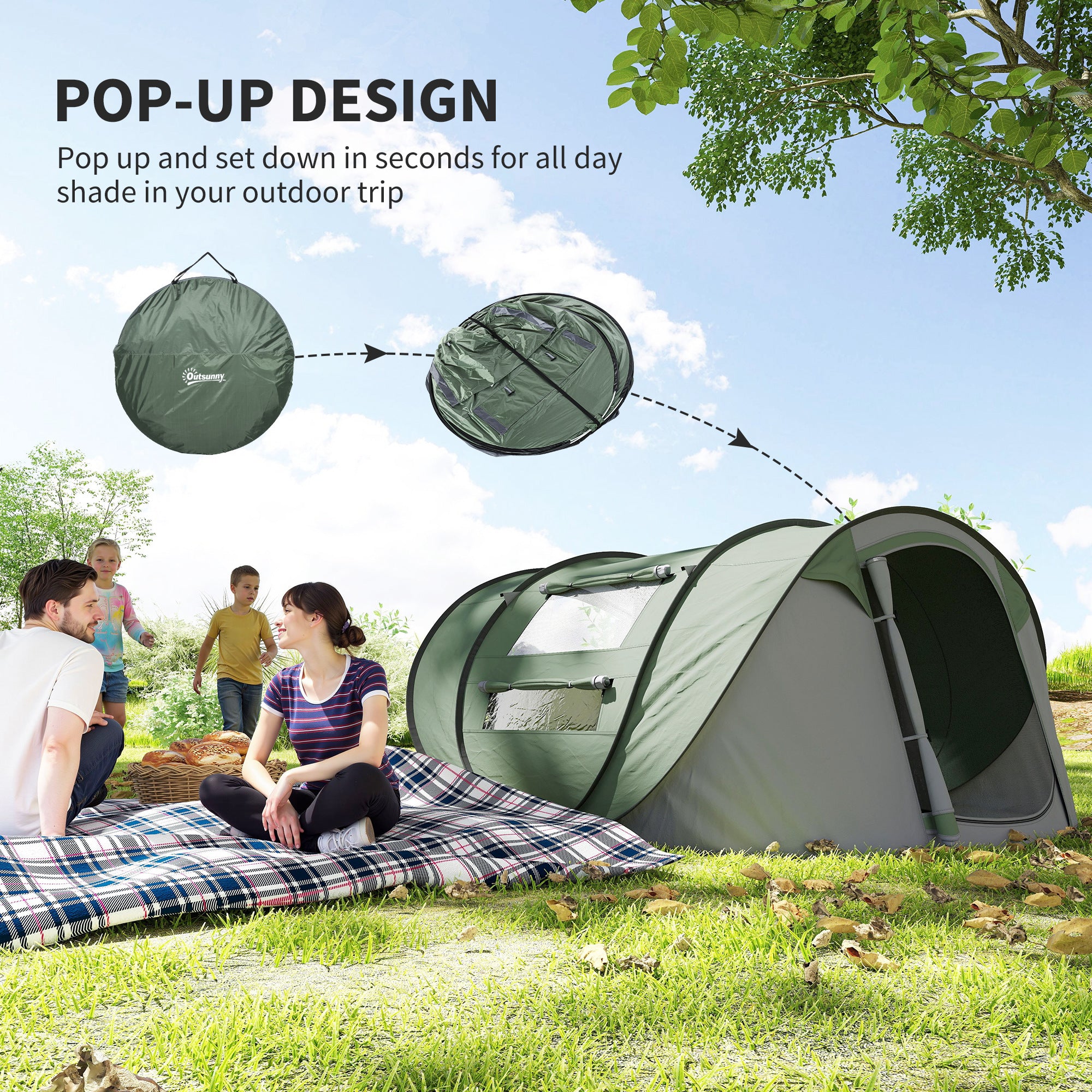 Outsunny 4-5 Person Pop-up Camping Tent Waterproof Family Tent w/ 2 Mesh Windows & PVC Windows Portable Carry Bag for Outdoor Trip, Dark Green