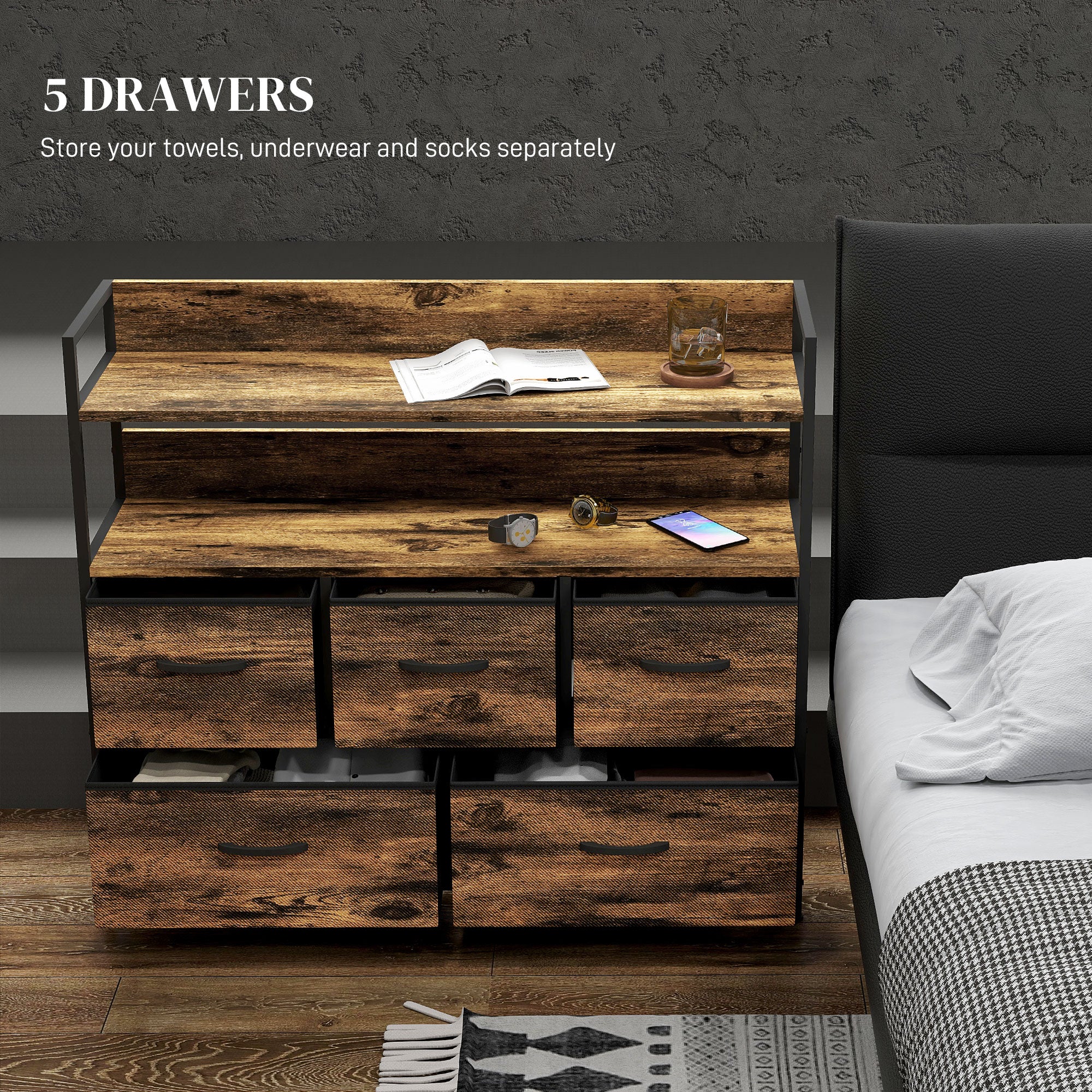 HOMCOM Rustic Chest of Five Fabric Drawers - Rustic Brown - North Peak Garden Furniture