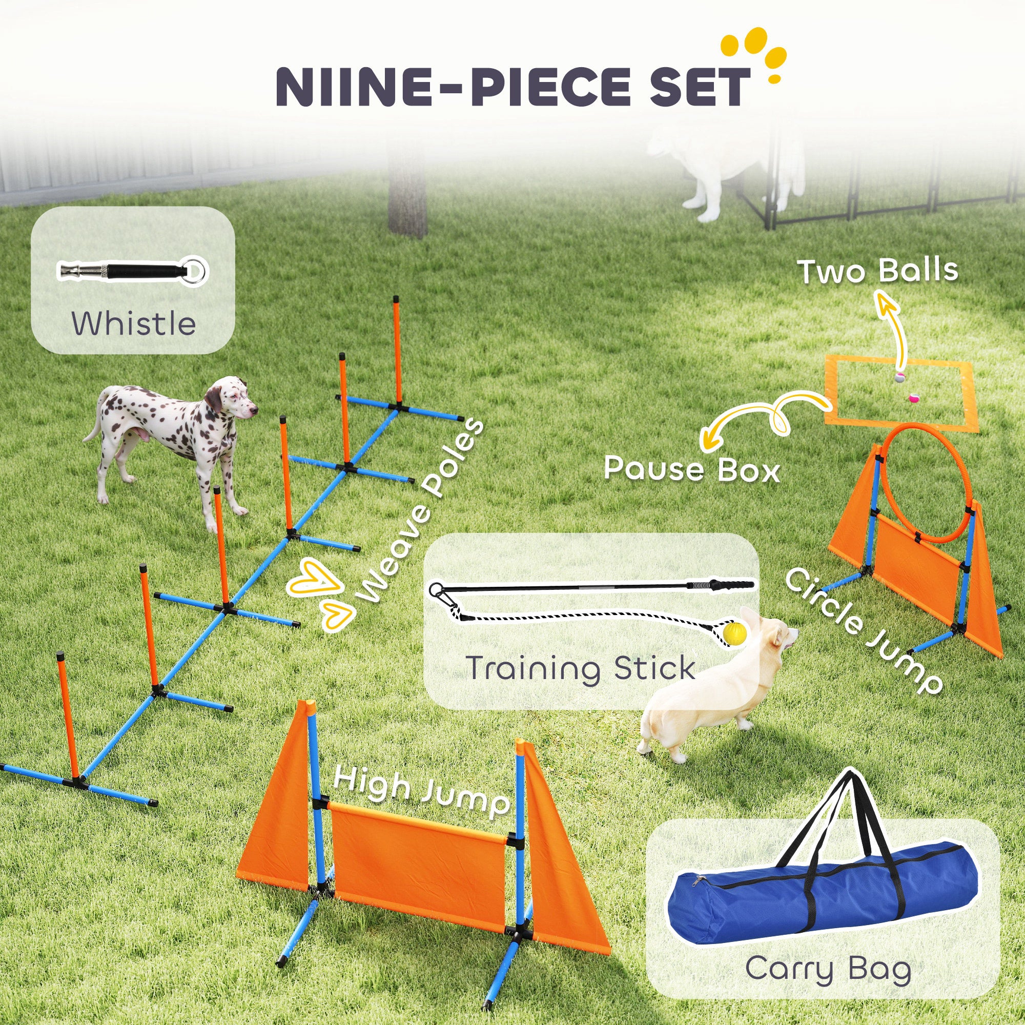 PawHut 7-Piece Dog Agility Equipment Set with Weave Poles, Jump Ring and Hurdle, Pause Box and Carry Bag, Orange - North Peak Garden Furniture