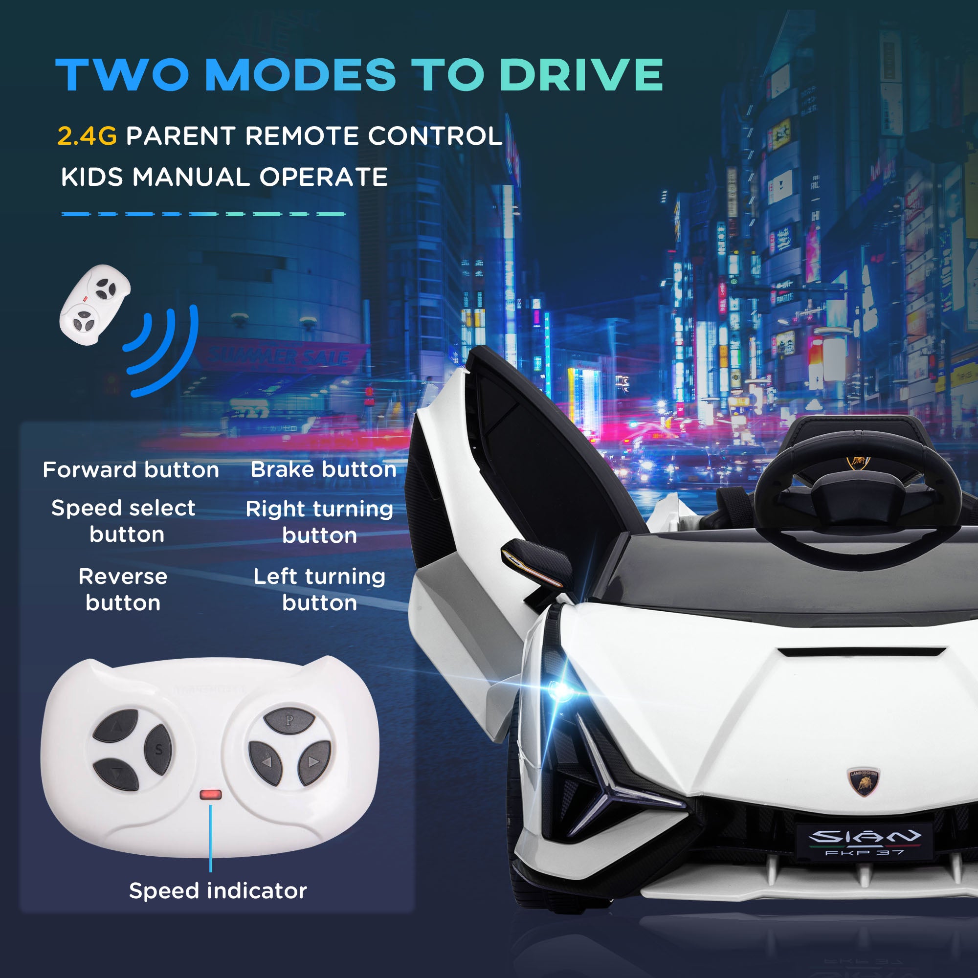 HOMCOM Lamborghini Sian Licensed 12V Kids Electric Ride On Car 2 Motors Toy Car with Remote Control Music Lights MP3 for 3-5 Years White - North Peak Garden Furniture