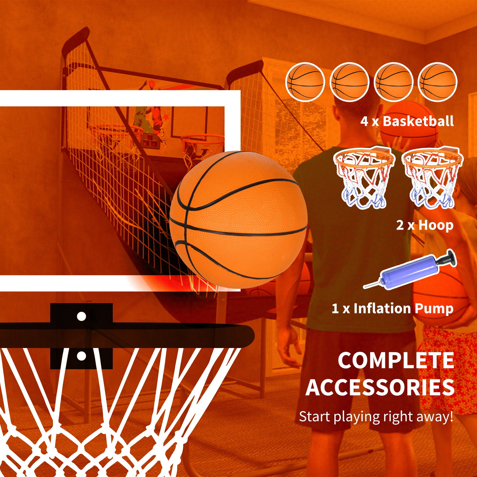 SPORTNOW Foldable Double-Hoop Basketball Arcade Game, with Eight Modes, Four Basketballs, Electronic Scoreboard, Sound Effects - North Peak Garden Furniture