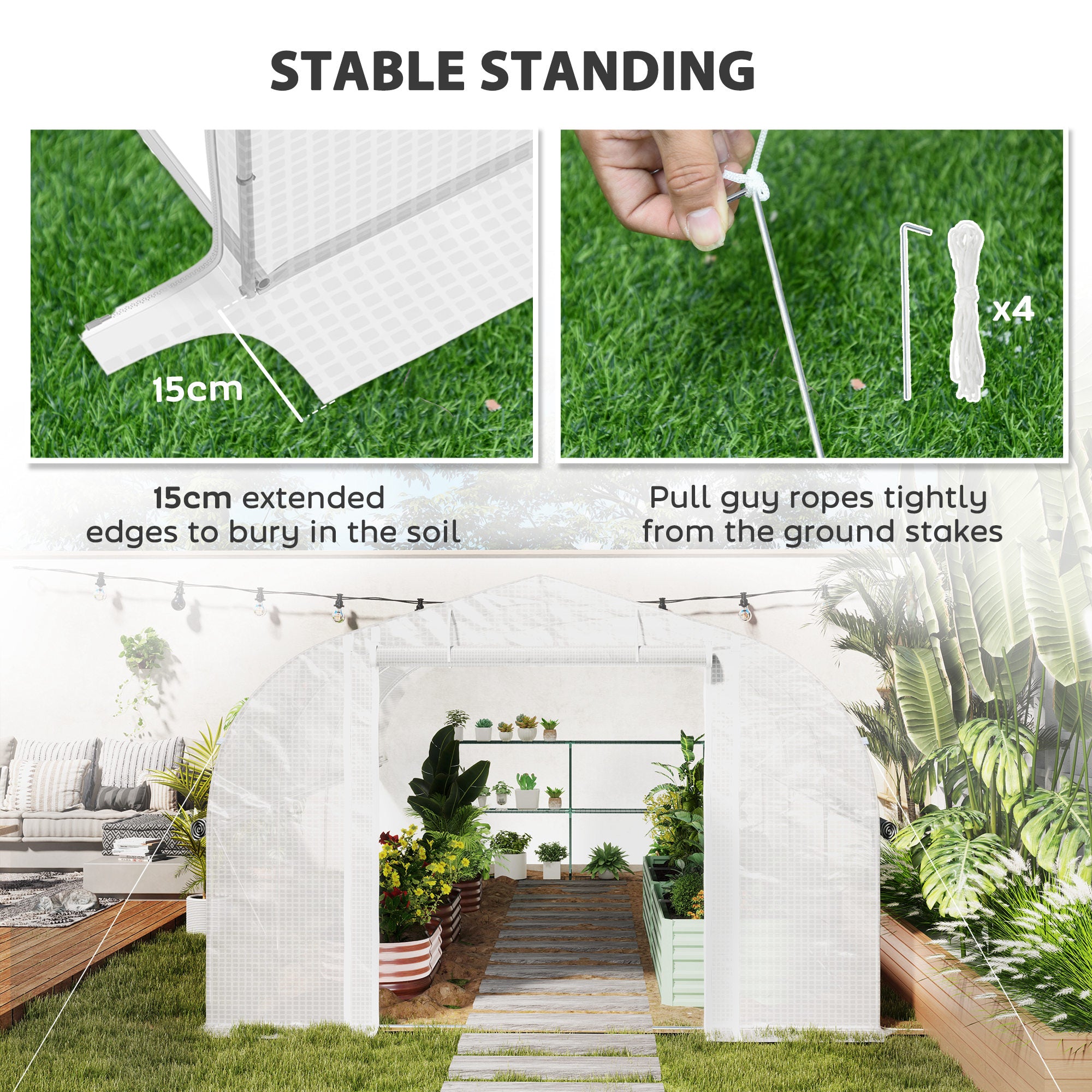 Outsunny 4 x 3(m) Walk-In Tunnel Greenhouse, with Accessories - White - North Peak Garden Furniture
