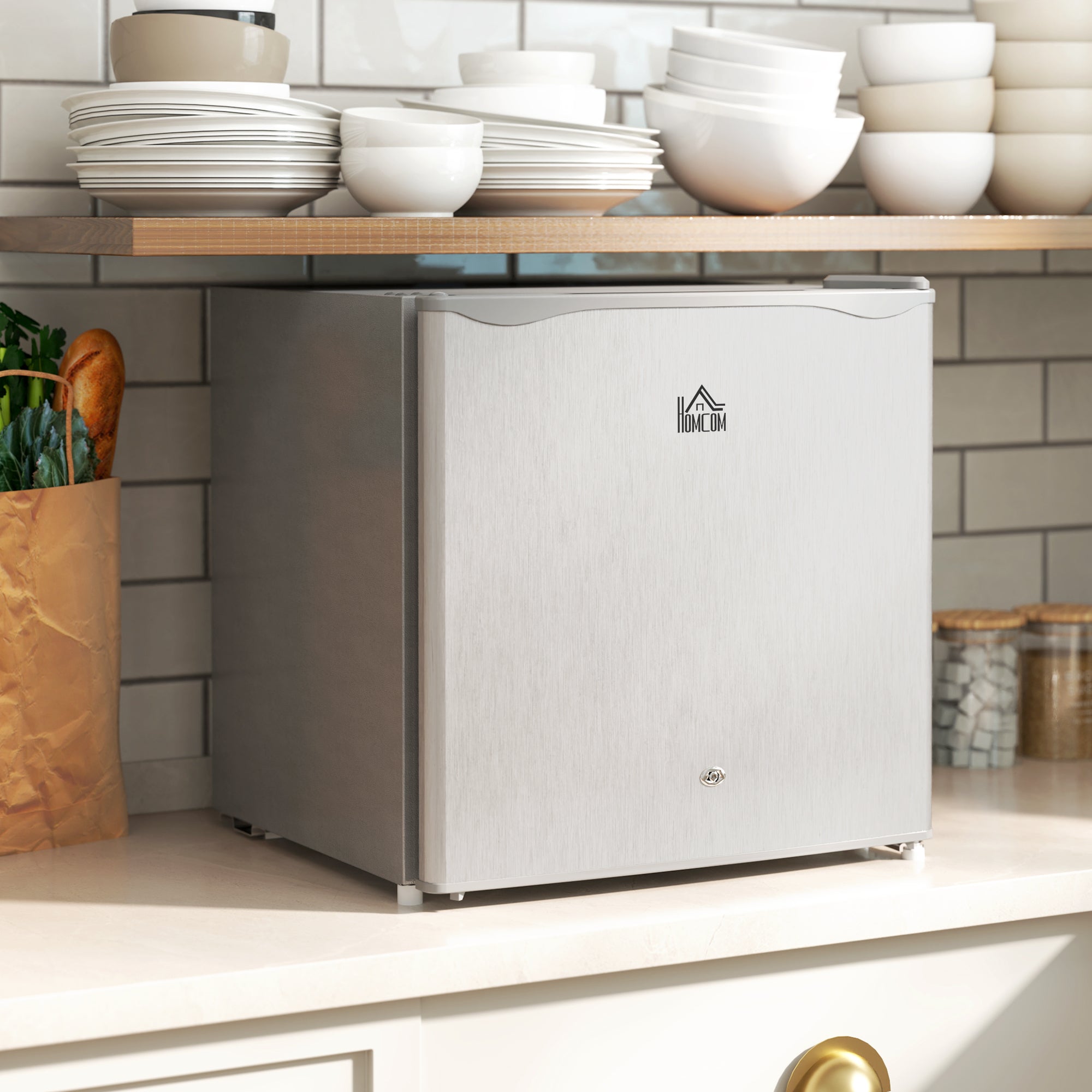 HOMCOM 46 Litre Lockable Countertop Fridge - Grey - North Peak Garden Furniture