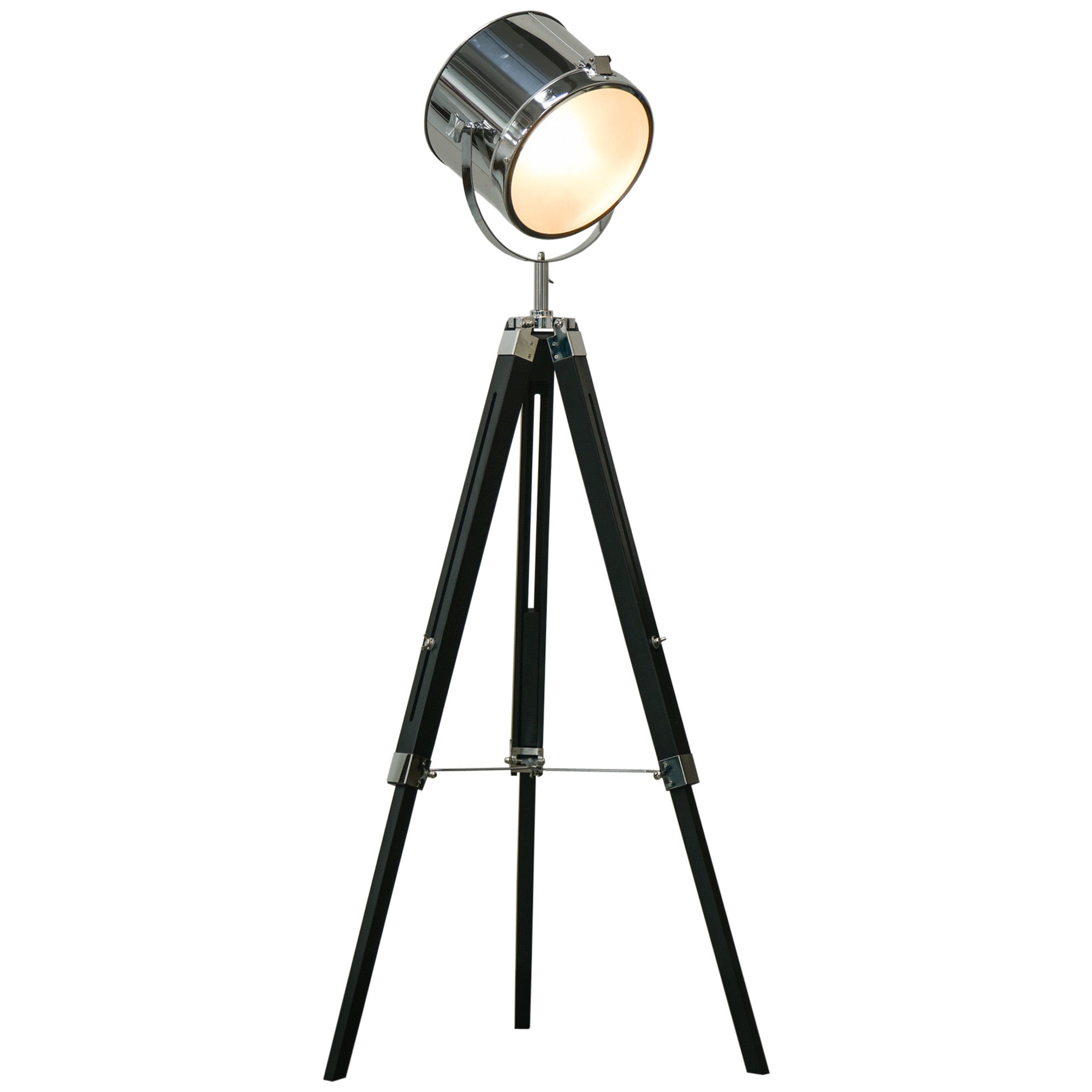 HOMCOM Industrial Style Adjustable Tripod Floor Lamp, Searchlight Lamp with Wooden Legs and Steel Lampshade, 110-155cm, Black - North Peak Garden Furniture