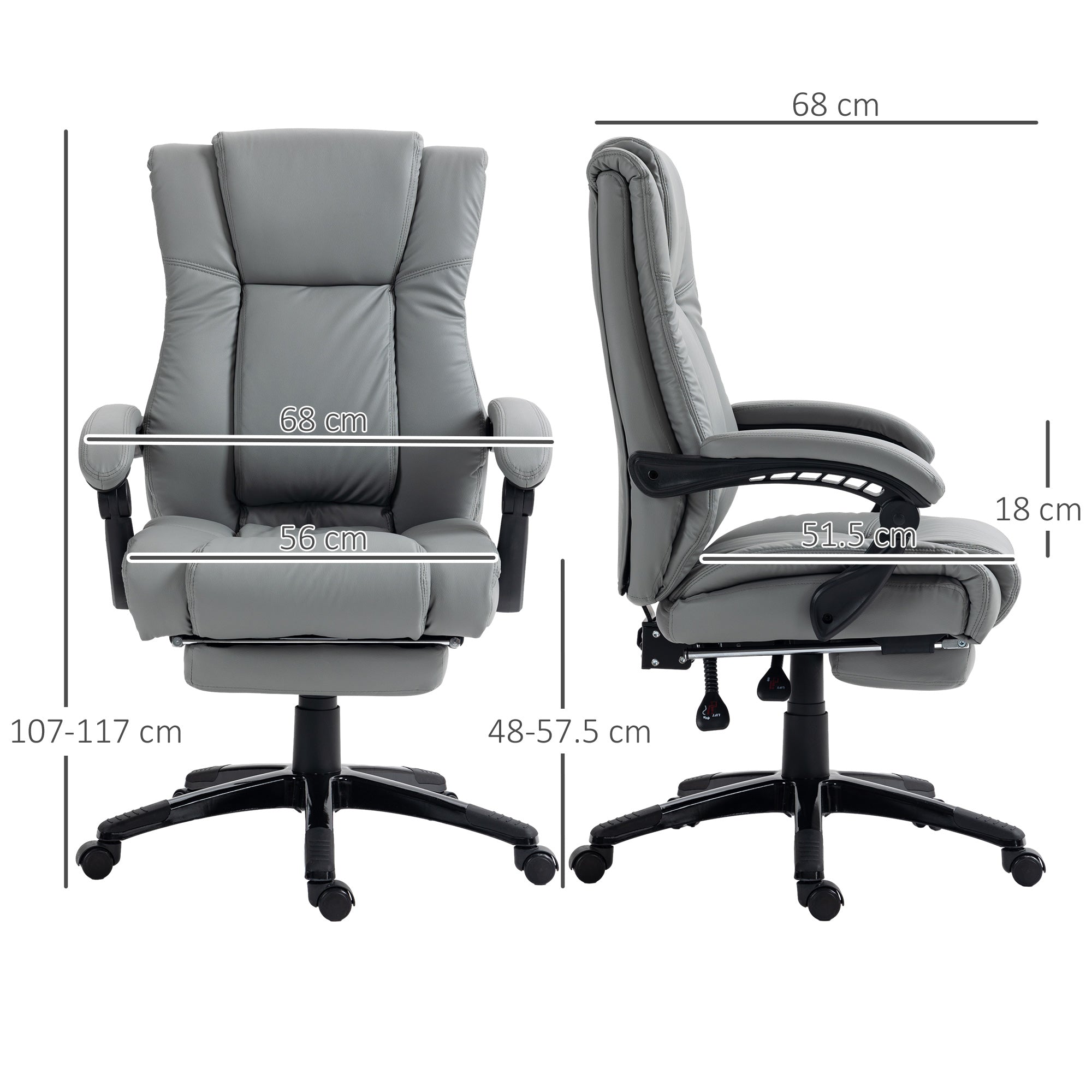 Vinsetto PU Leather Office Chair, Swivel Computer Chair with Footrest, Wheels, Adjustable Height, Grey - North Peak Garden Furniture