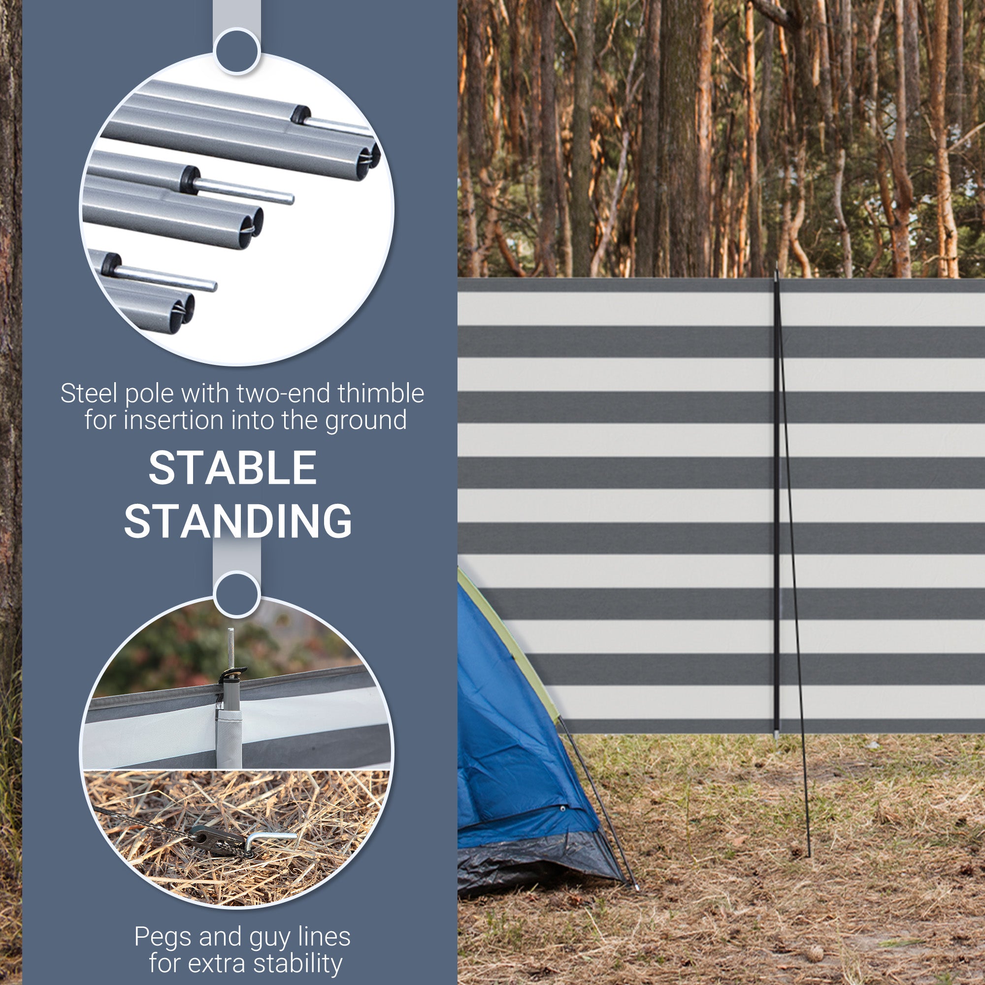 Outsunny 5 Pole Camping Windbreaks, Beach Wind Shield Shelter with Carry Bag and Steel Poles, Outdoor Caravan Privacy Shield, 540cm x 150cm, Grey and White - North Peak Garden Furniture
