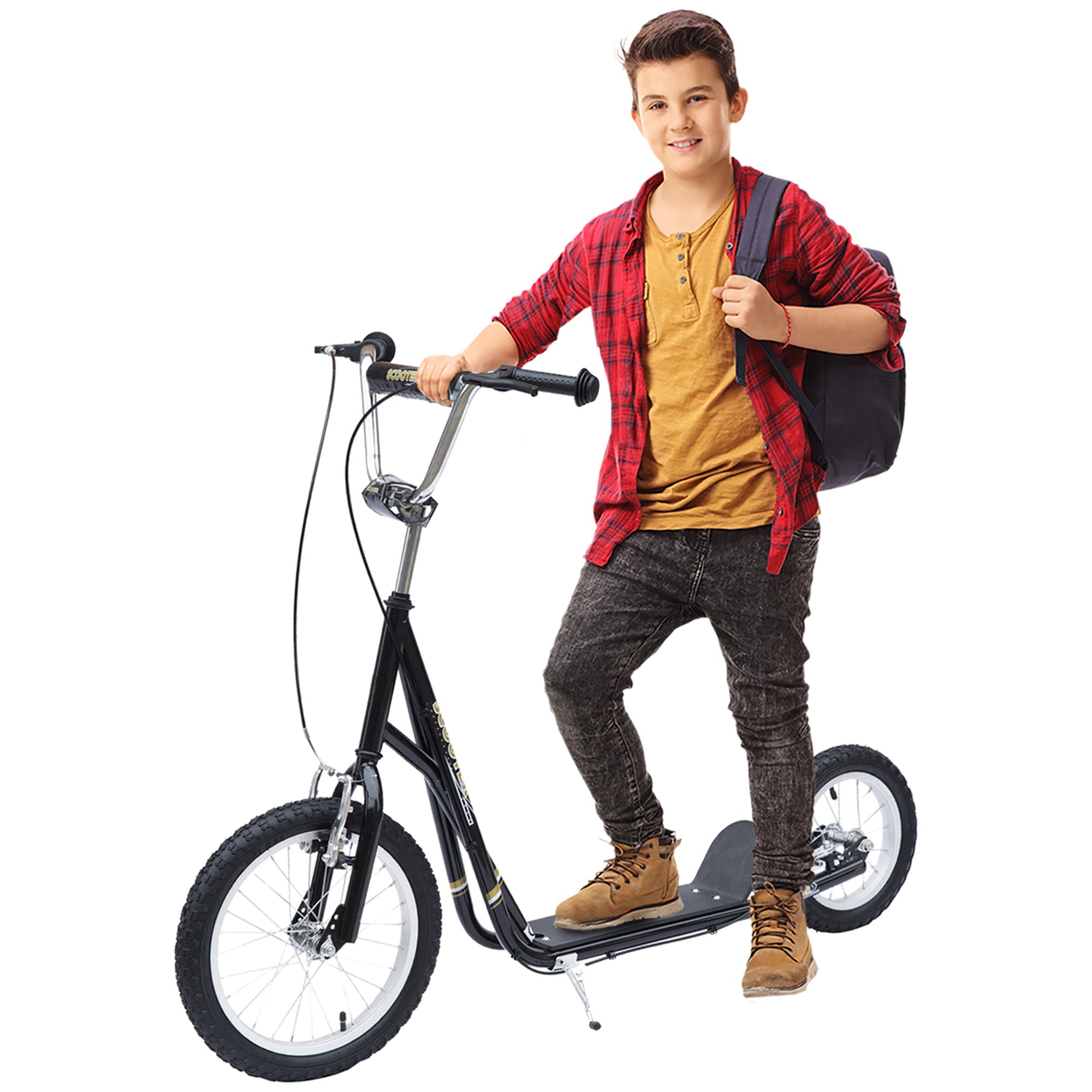 HOMCOM Teen Stunt Scooter Push Kick Scooters for Kids with Rubber Wheels Adjustable Handlebar Front Rear Dual Brakes Kickstand, for 5+ Years, Black - North Peak Garden Furniture