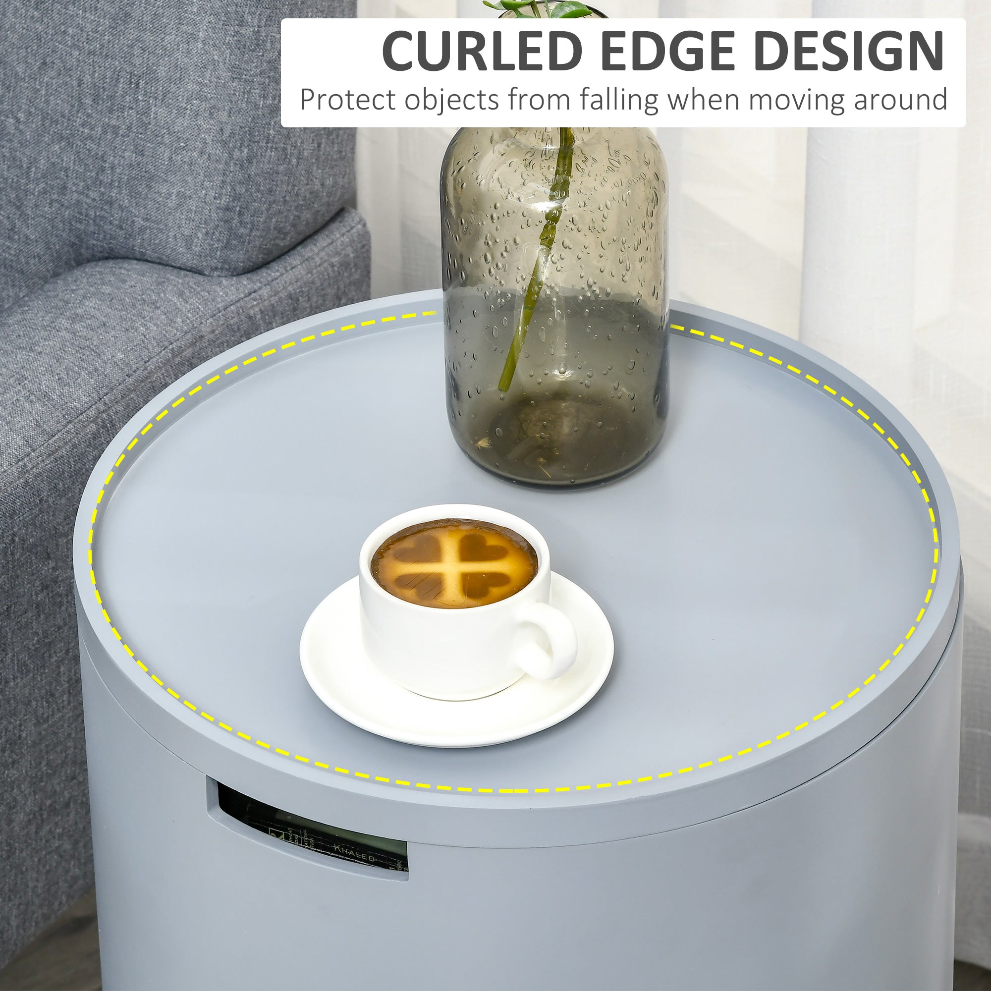 HOMCOM Modern Side Table with Hidden Storage Space, Round Night Stand with Removable Tray Wood Frame End Coffee Table for Living Room, Grey - North Peak Garden Furniture