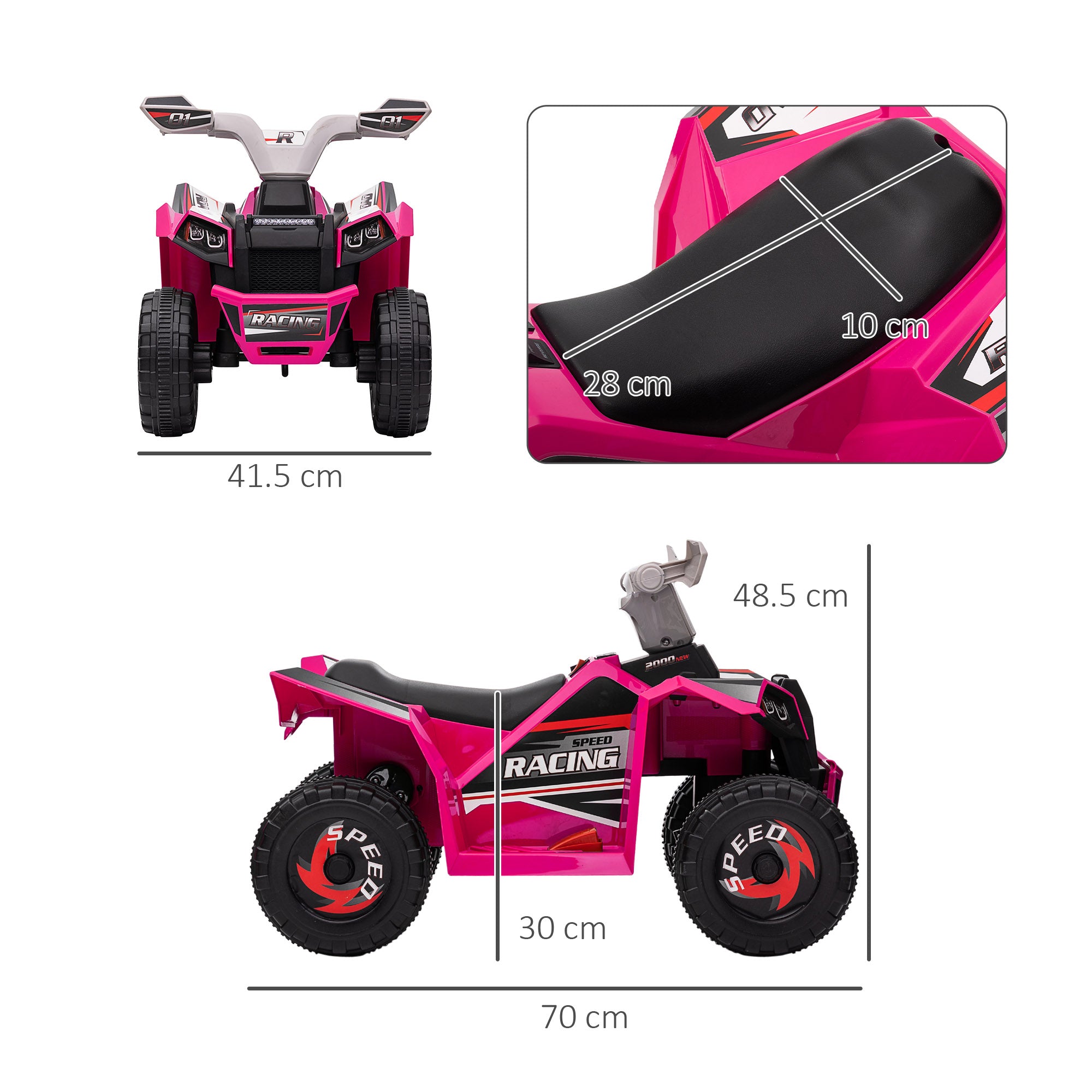 HOMCOM 6V Quad Bike with Wear-Resistant Wheels, Forward Backward Function, for Ages 18-36 Months, Pink