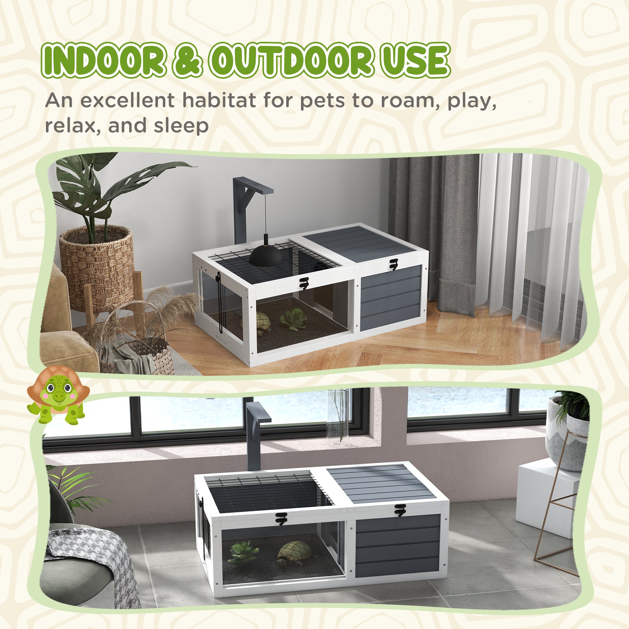 PawHut Tortoise Table with Wooden Lamp Holder, Wooden Tortoise House w/ Openable Lids, Pull-Out Trays - Grey - North Peak Garden Furniture
