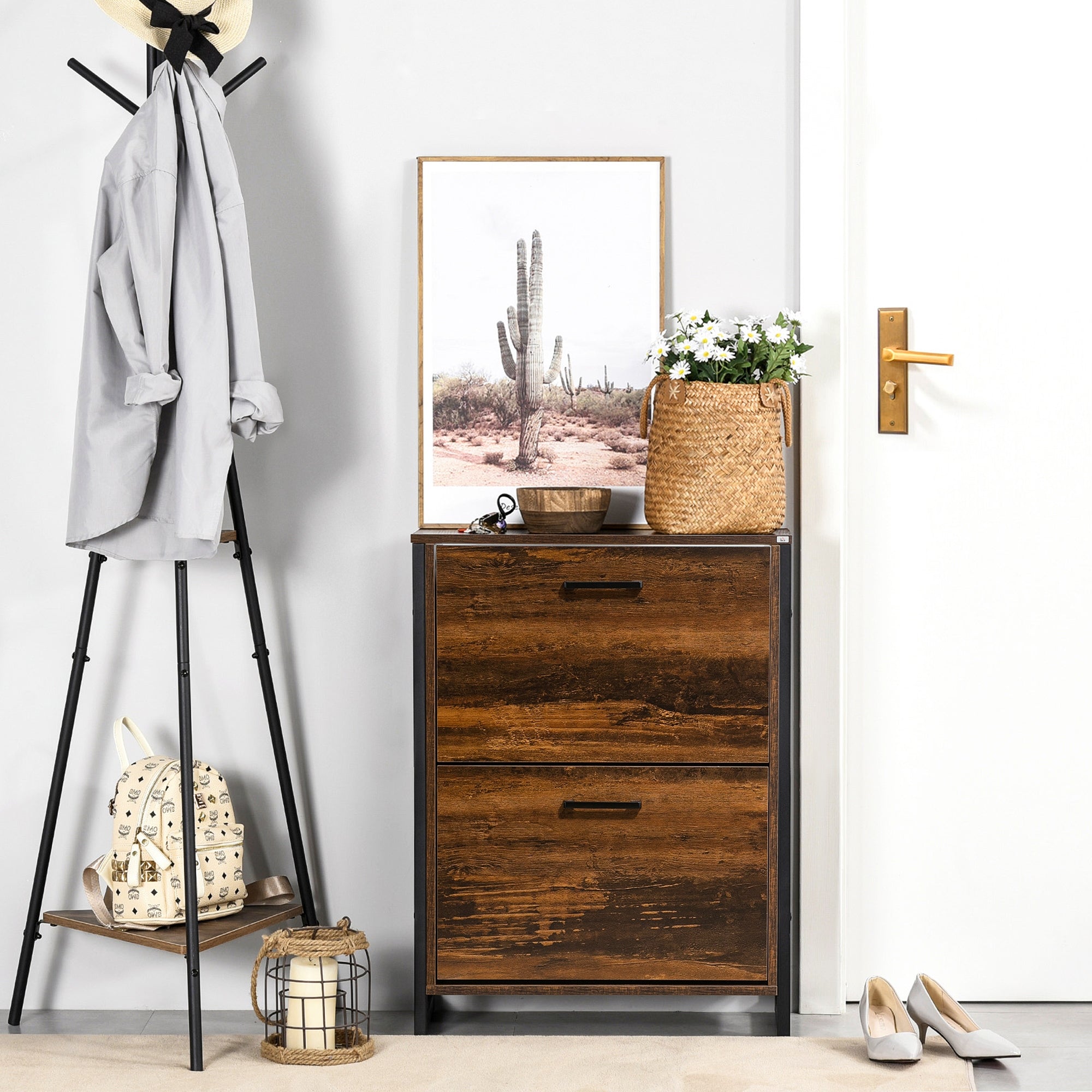HOMCOM 12-Shoe, Two-Door Storage Cabinet - Wood-Effect - North Peak Garden Furniture