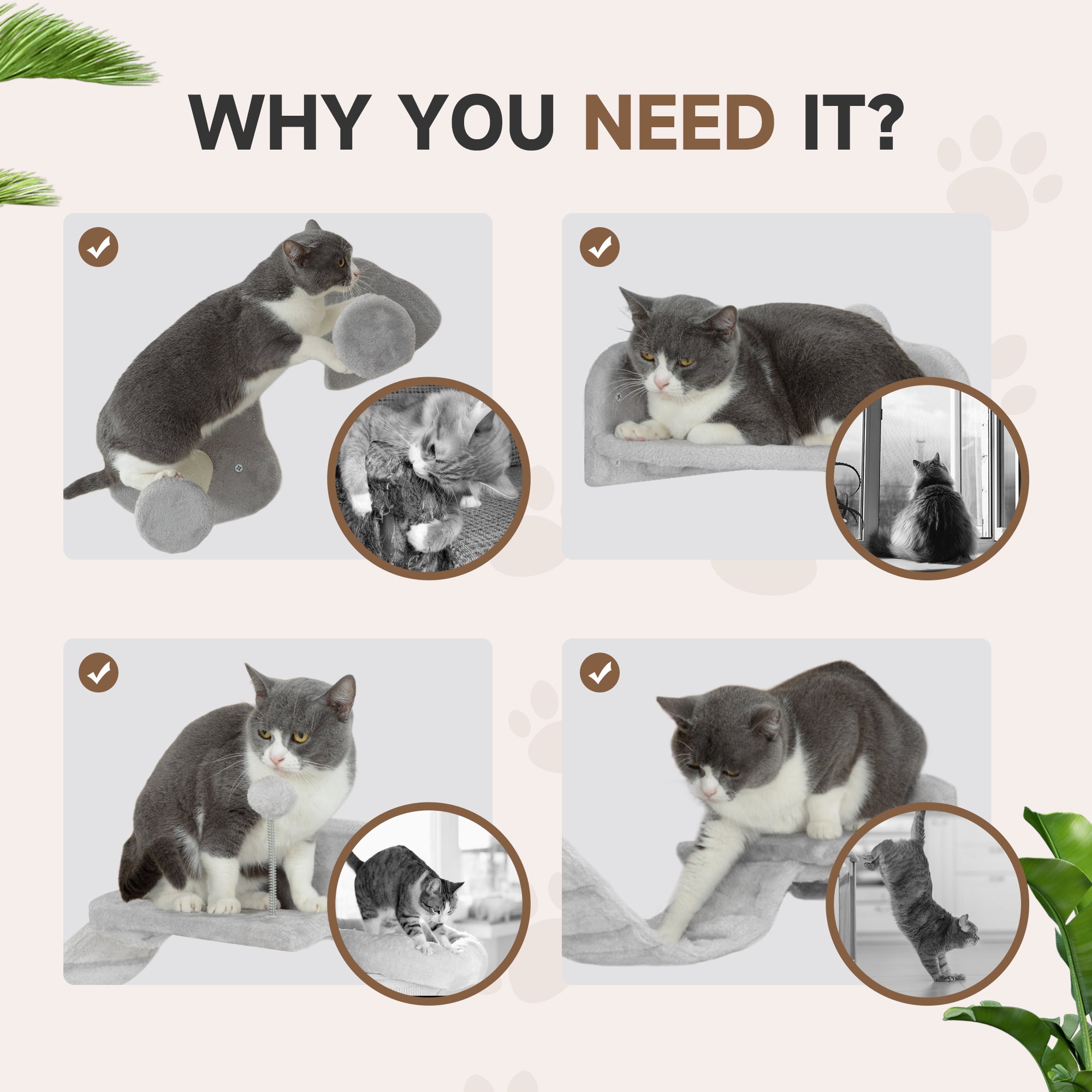 PawHut 4-Piece Cat Wall Shelves with Steps, Ladder, Jumping Platforms, Light Grey - North Peak Garden Furniture