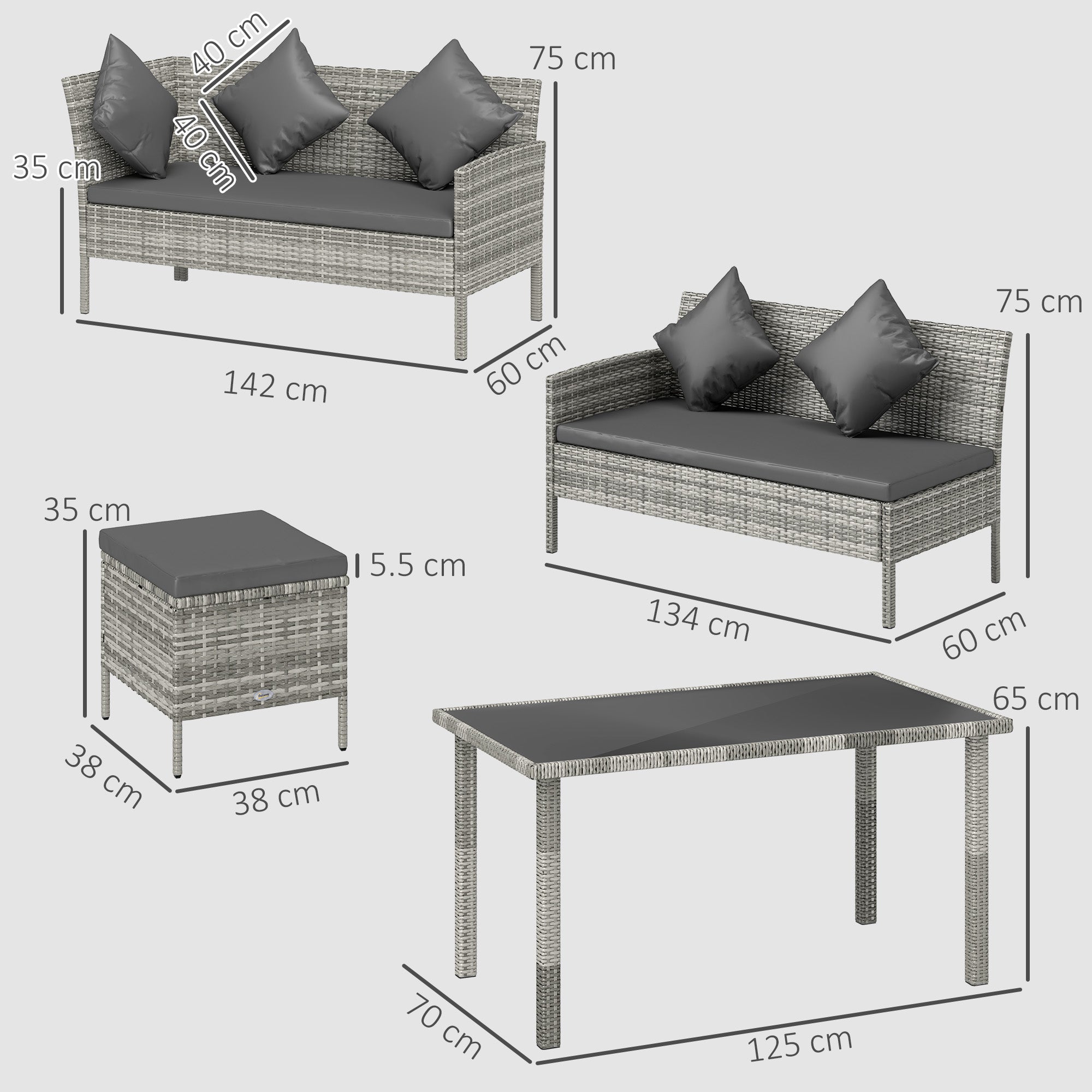 Outsunny tsunny 6-Seater Rattan Dining Set Sofa Table Footstool Outdoor w/ Cushion Garden Furniture, Dark Grey