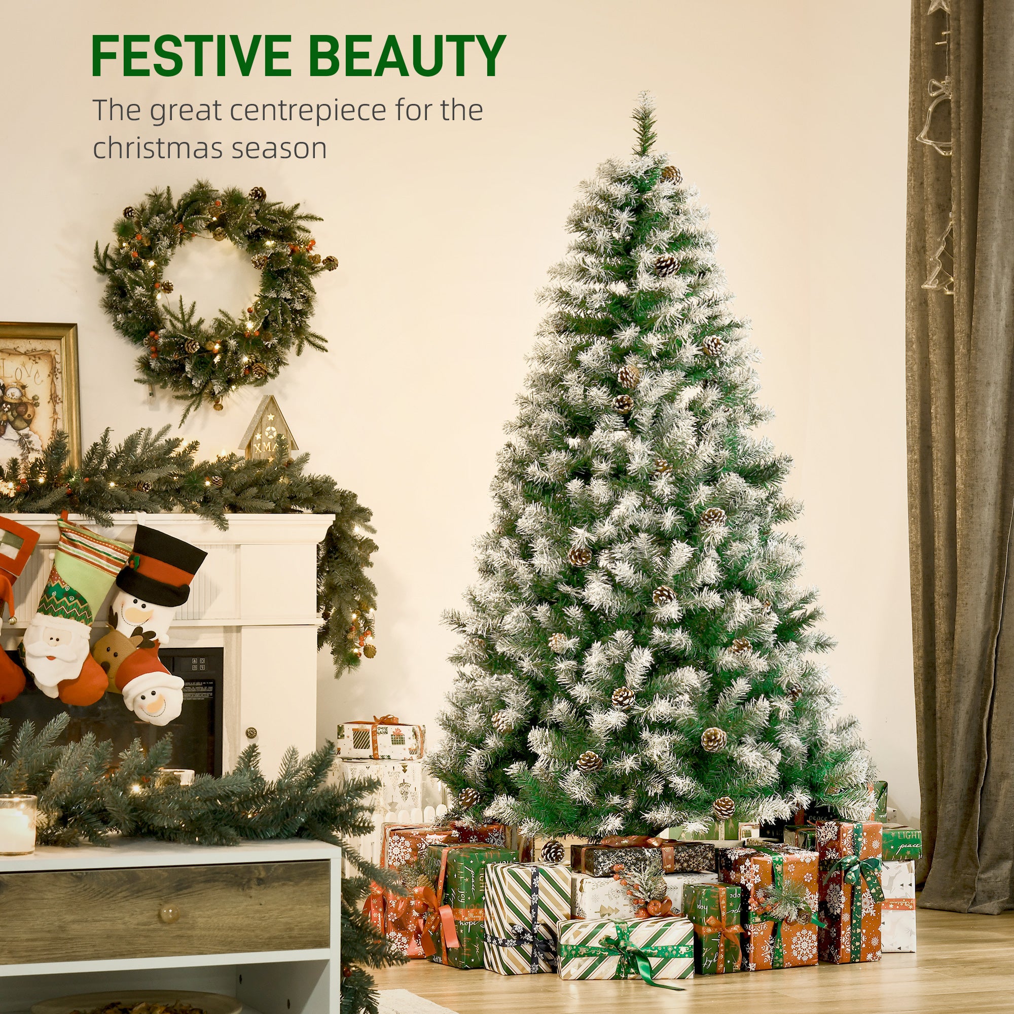 HOMCOM 6FT Artificial Christmas Tree with Pine Cones, Holiday Home Xmas Decoration Automatic Open, Green - North Peak Garden Furniture