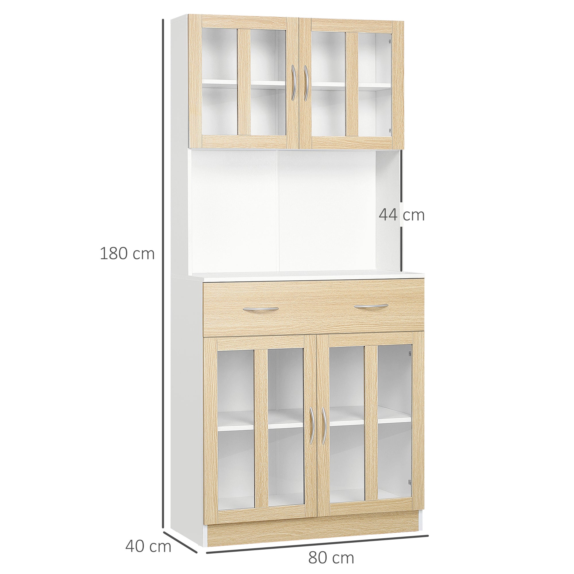 HOMCOM Modern Kitchen Cupboard, Freestanding Storage Cabinet Hutch with Central Drawer, 2 Glass Door Cabinets and Countertop, 180cm