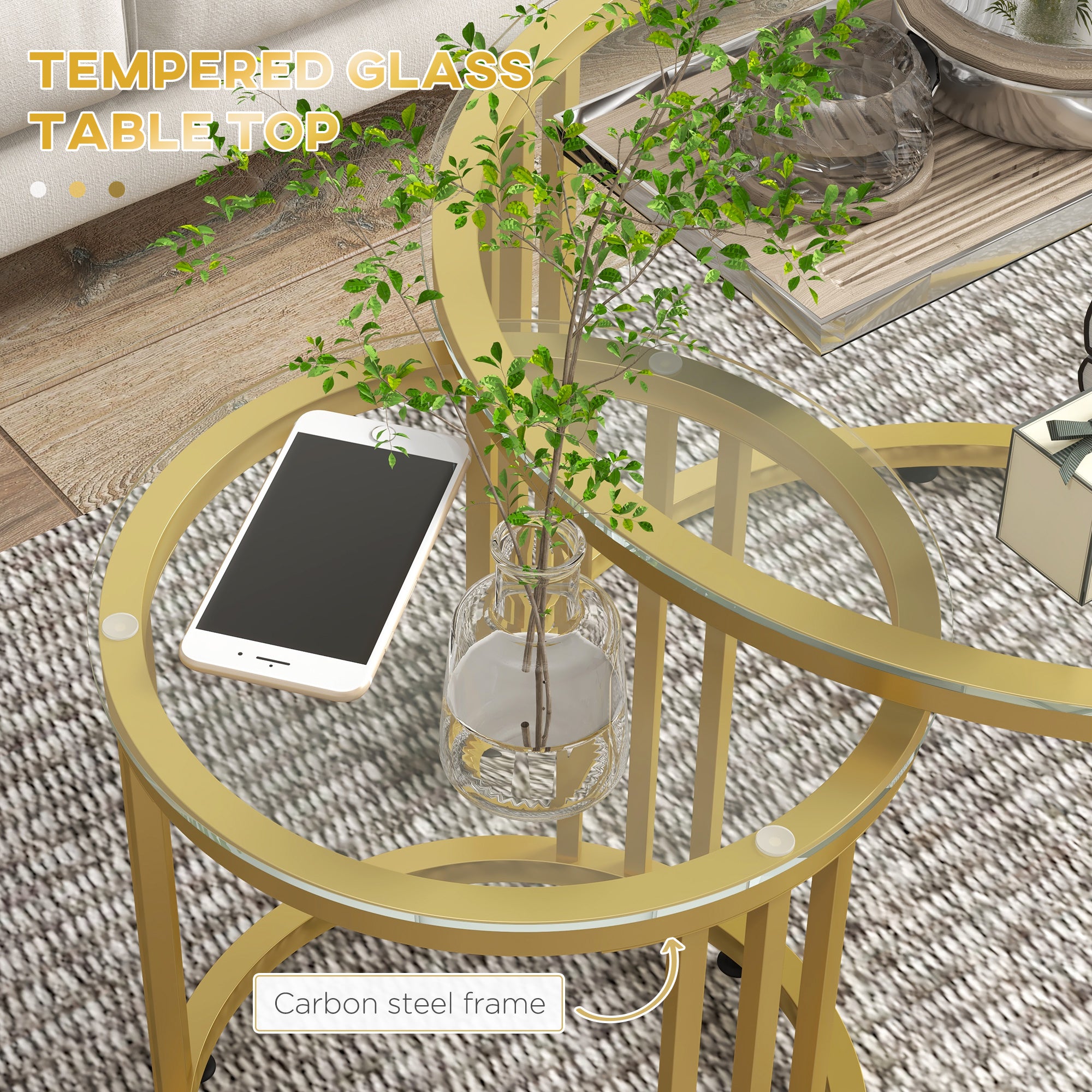 HOMCOM Round Coffee Tables Set of 2, Nesting Tables with Tempered Glass Top and Steel Frame, 60cmx60cmx47cm, Gold Tone - North Peak Garden Furniture