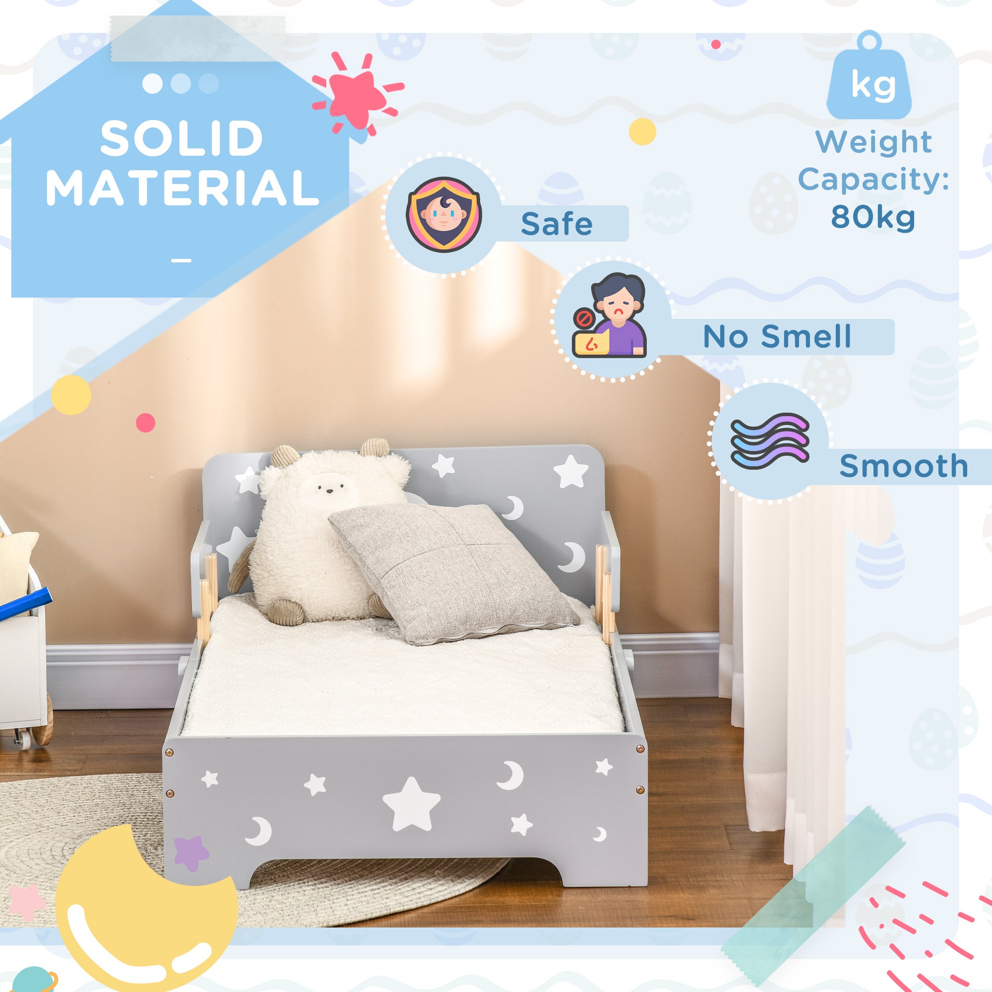 ZONEKIZ Kids Toddler Bed, with Star and Moon Patterns, Side Rails, for Ages 3-6 Years - Grey - North Peak Garden Furniture