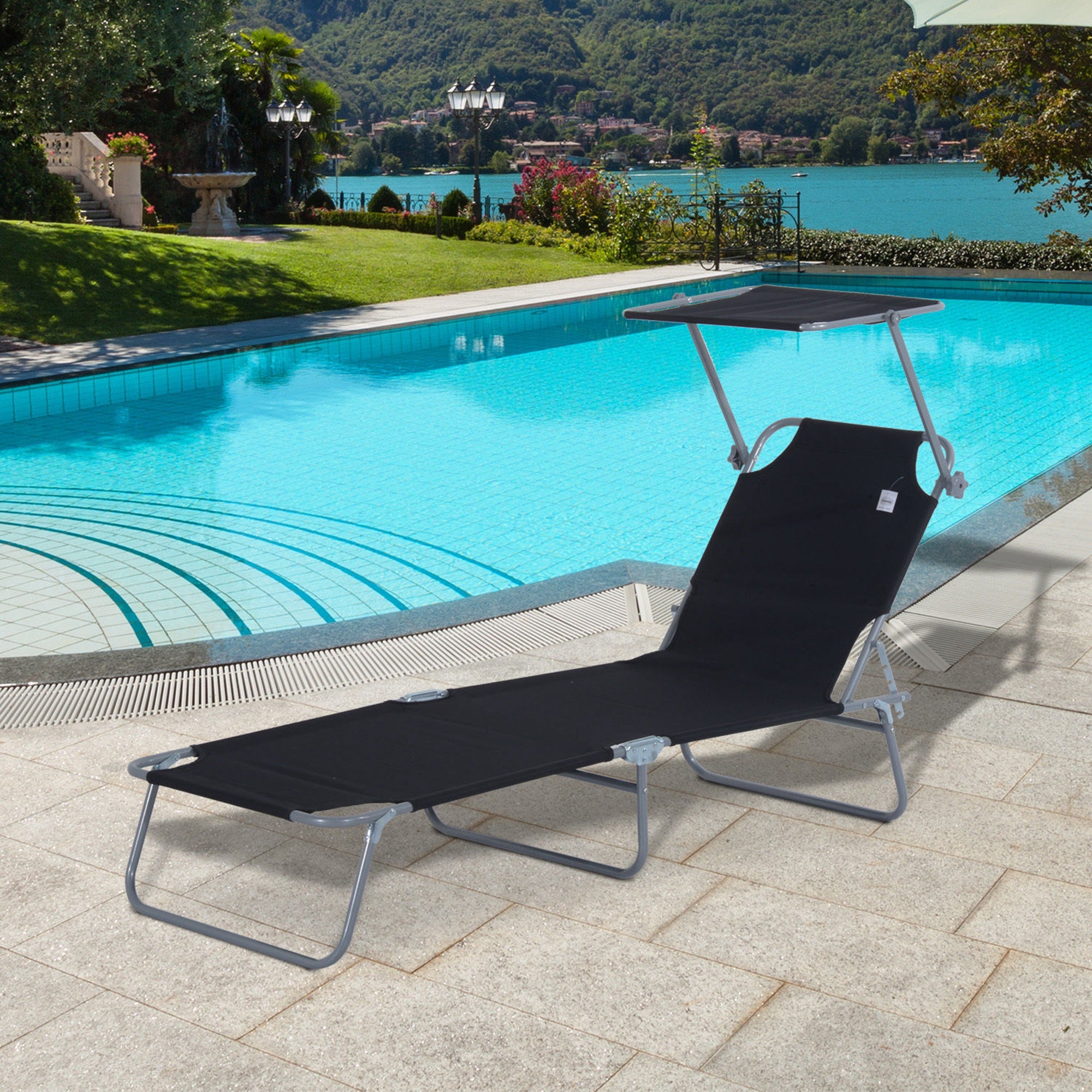 Outsunny Outdoor Foldable Sun Lounger, 4 Level Adjustable Backrest Reclining Sun Lounger Chair with Angle Adjust Sun Shade Awning for Beach, Garden, Patio, Black - North Peak Garden Furniture
