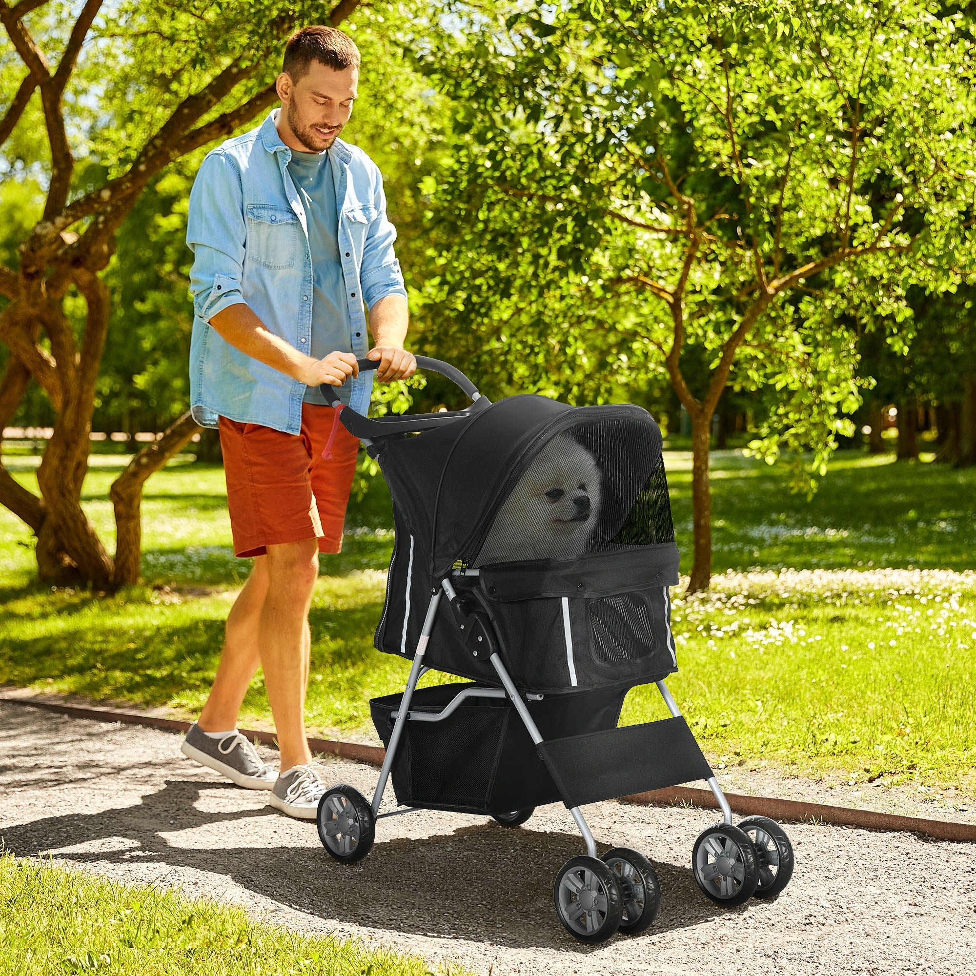 PawHut Pet Stroller for Small Miniature Dogs Cats Foldable Travel Carriage with Wheels Zipper Entry Cup Holder Storage Basket Black - North Peak Garden Furniture