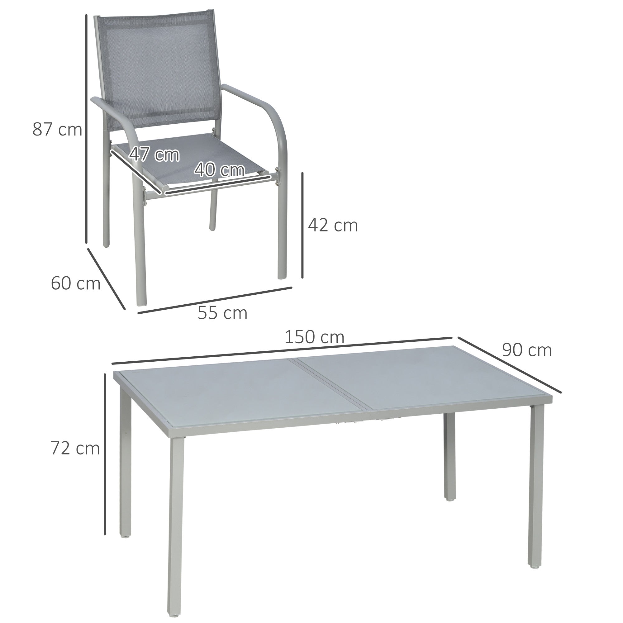 Outsunny 7 Piece Garden Dining Set, Outdoor Table and 6 Stackable Chairs, Steel Frame, Tempered Glass Top Table, Mesh Seats, Grey - North Peak Garden Furniture