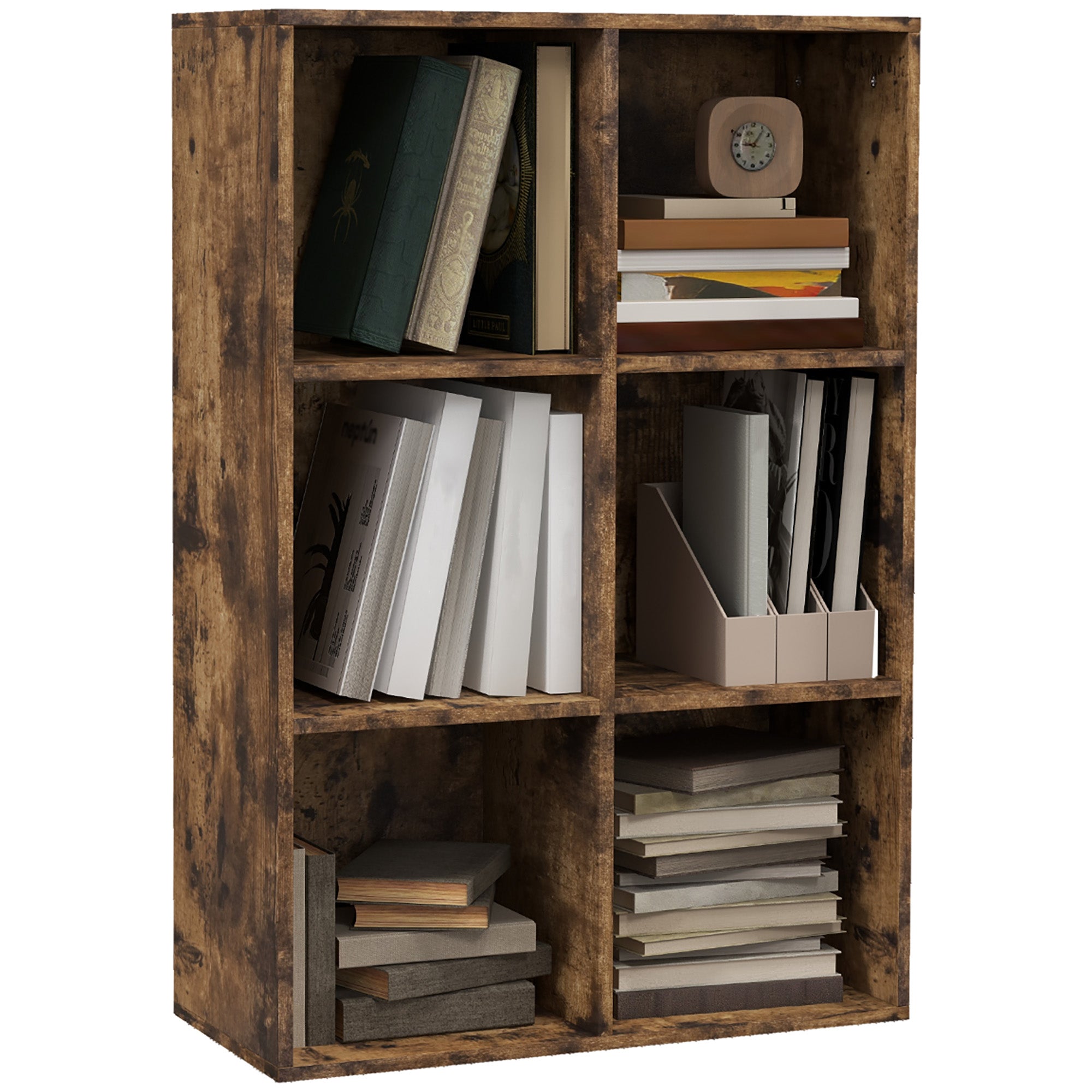 HOMCOM Six-Cube Bookcase - Rustic Brown Wood Effect - North Peak Garden Furniture
